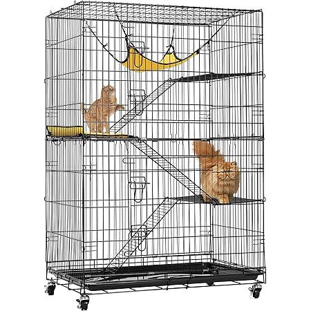 VIVOHOME 4-Tier 49 Inch Collapsible Metal Cat Kitten Ferret Cage 360° Rotating Casters Enclosure Pet Playpen with Ramp Ladders Hammock and Bed Black