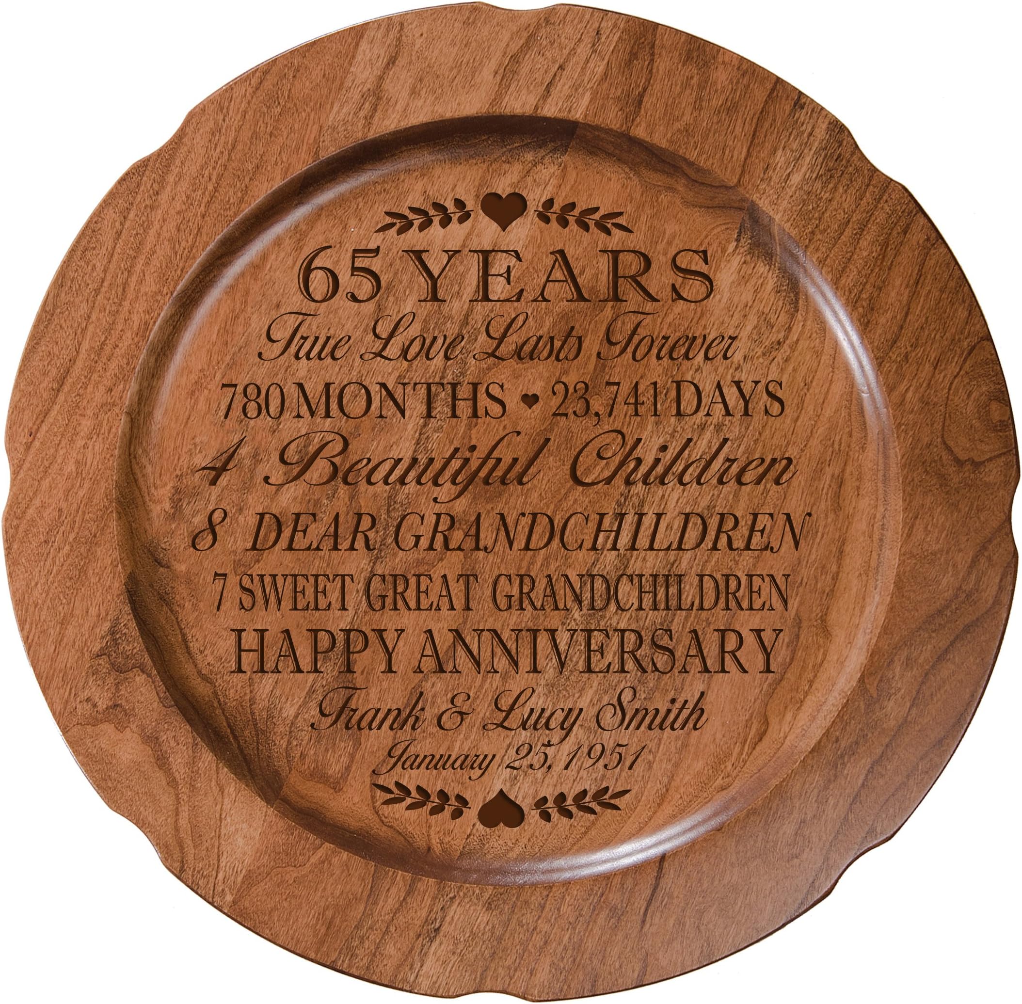 LifeSong Milestones 65th Wedding Anniversary Plate Gift for Couple, Sixty-Fifth Happy for Her, 12" D Custom Engraved for Husband or Wife USA Made (Special Dates)
