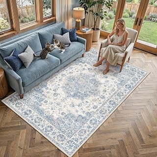 PureCozy Blue Area Rug 5x7 Vintage Oriental Medallion Non-Slip Carpet