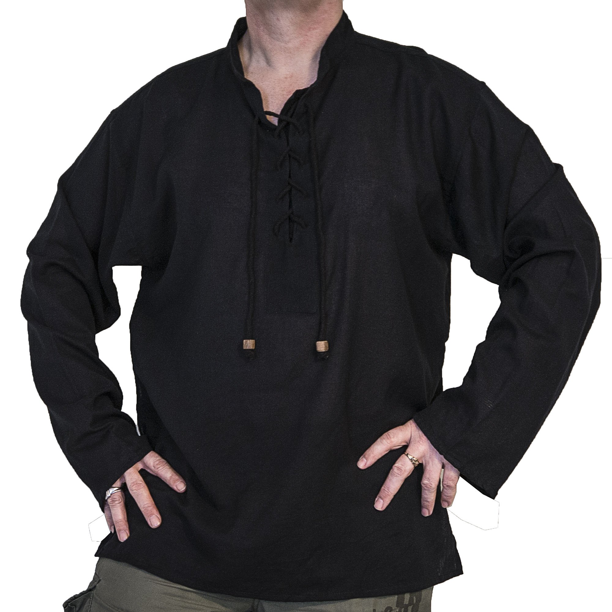 NATURAL FLOW Fair Trade Hippy Boho Cotton Festival Gothic Larp Pirate Day Kurta Shirt , L, Black