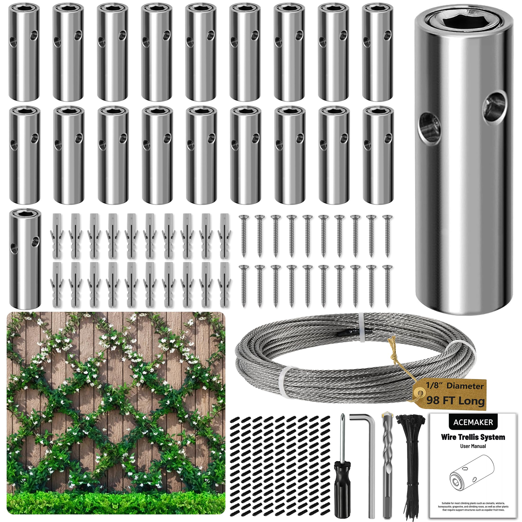 Photo 1 of Acemaker Wire Trellis for Climbing Plants Outdoor, 20-Set Wall Wire Trellis Kit with 1/8in x 98ft Stainless Steel Cable, T316 Cylindrical Espalier System for Fence and Garden DIY Projects