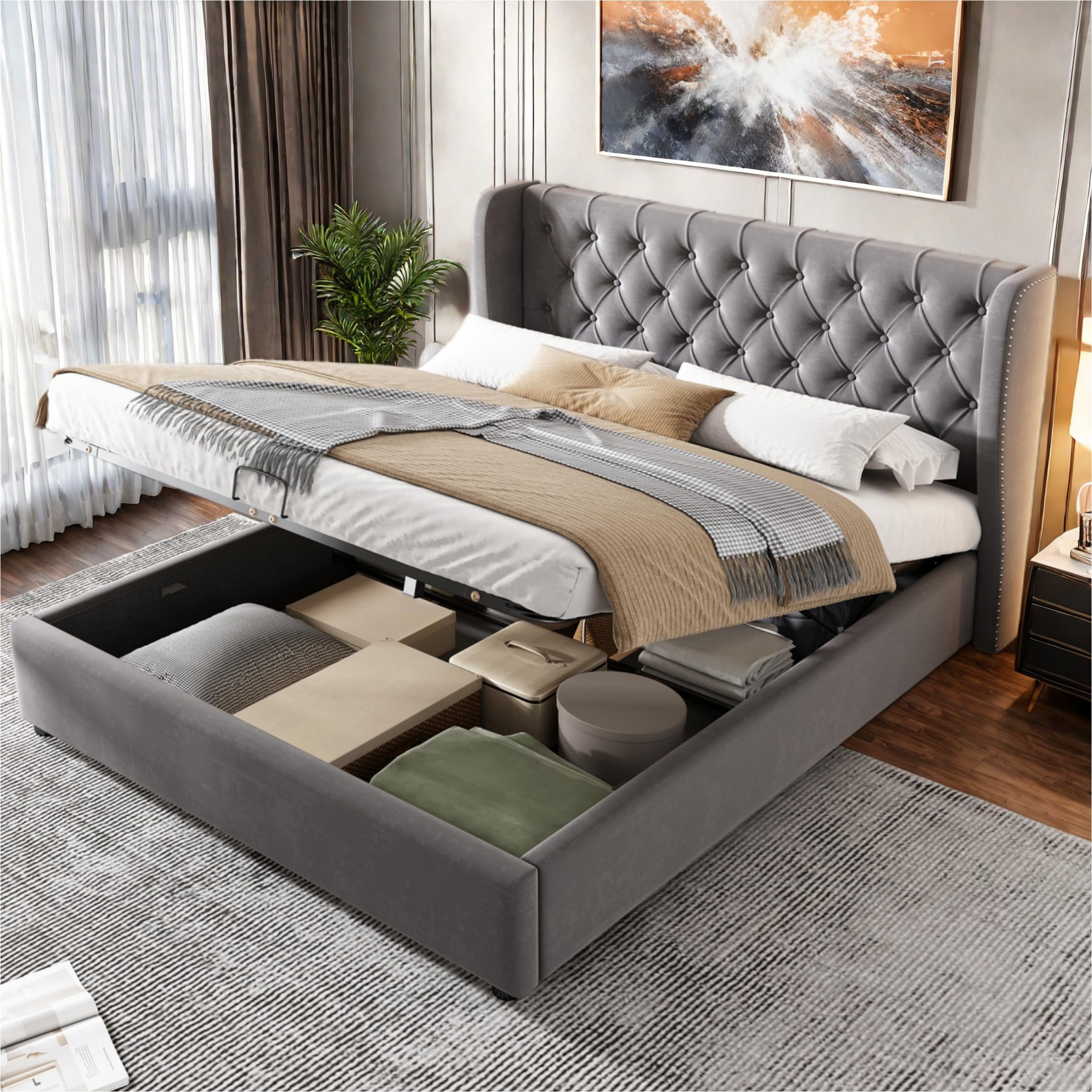Lubvtti Letto imbottito in velluto a forma di orecchio,letto matrimoniale con spazio di stoccaggio idraulico,letto contenitore matrimoniale con rete a doghe (Grigio,180x200)
