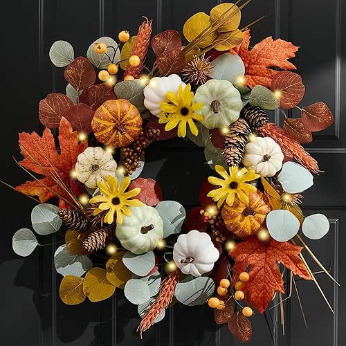 Valery Madelyn Fall Wreath with Lights for Front Door, 18"