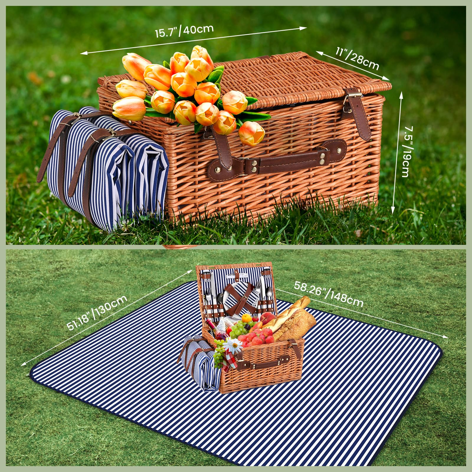 Cestino Picnic, Cesto Picnic Vimini con Scomparto Termico,Cestino Vimini con Coperta Impermeabile e Set di Posate, Set Pic Nic 4 Persone per Campeggio, Cestino Pic Nic(Blu)