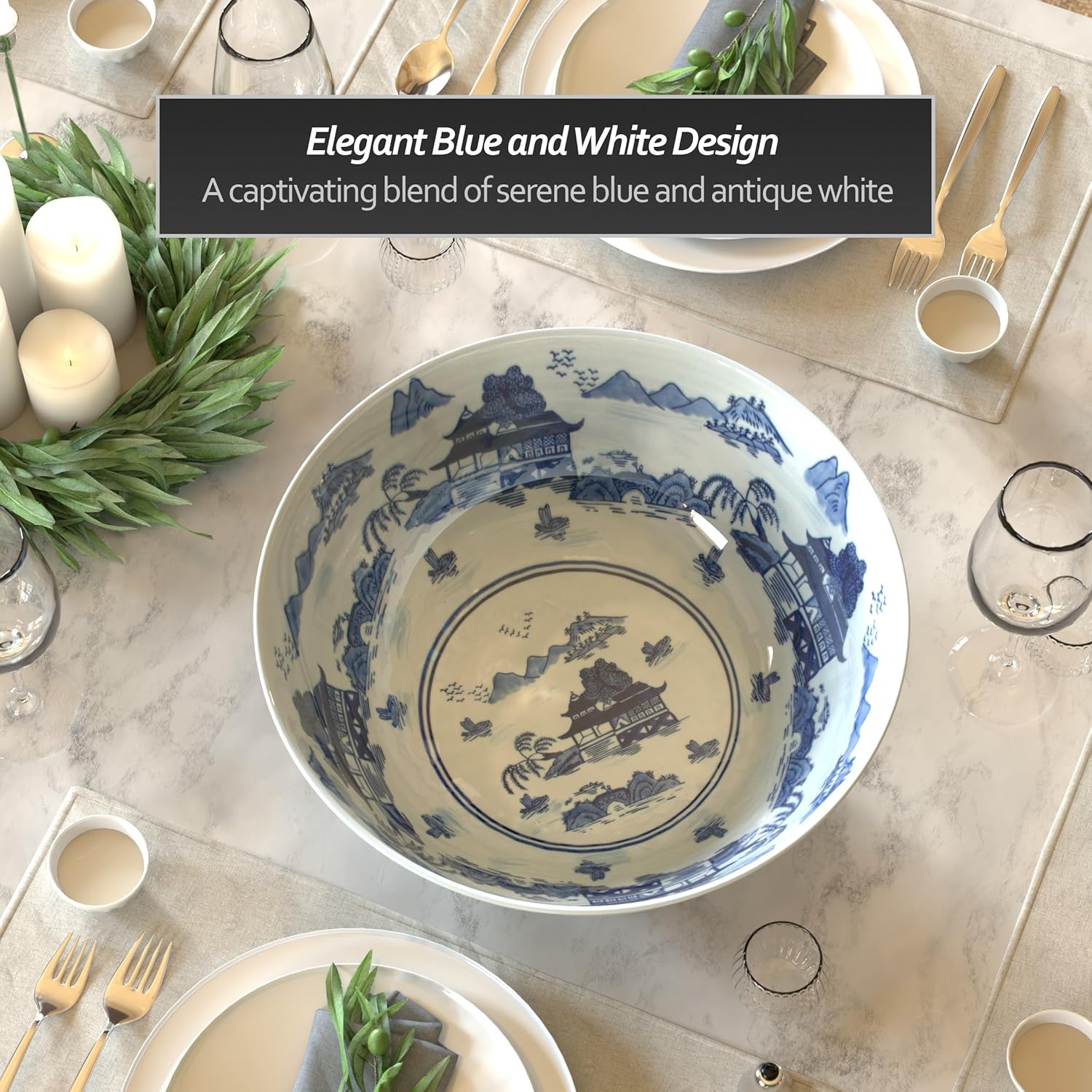 Red Lantern 14" Landscape Blue & White Porcelain Bowl Vase for Centerpiece in Kitchen Dining Living Room Bedroom with Boho Eclectic Modern Contemporary Classic Traditional Style Decor