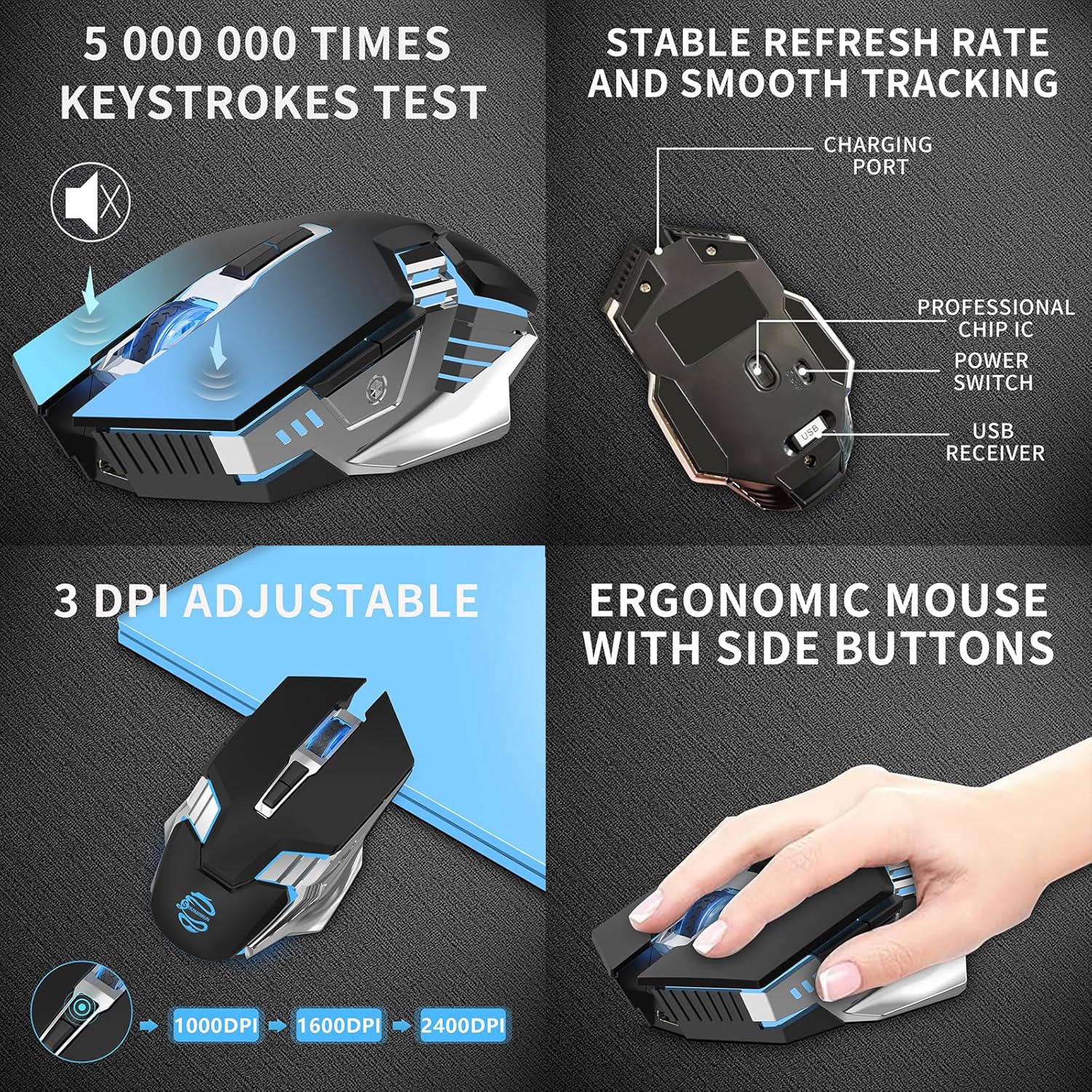 Bluetooth Mouse, Rechargeable USB Wireless and BT5.0/3.0 Dual Mode Mouse with RGB Light, Side Buttons, 2400 DPI, Ergonomic Cordless Computer Gaming Mice for Laptop Windows PC Mac MacBook iPad - Black