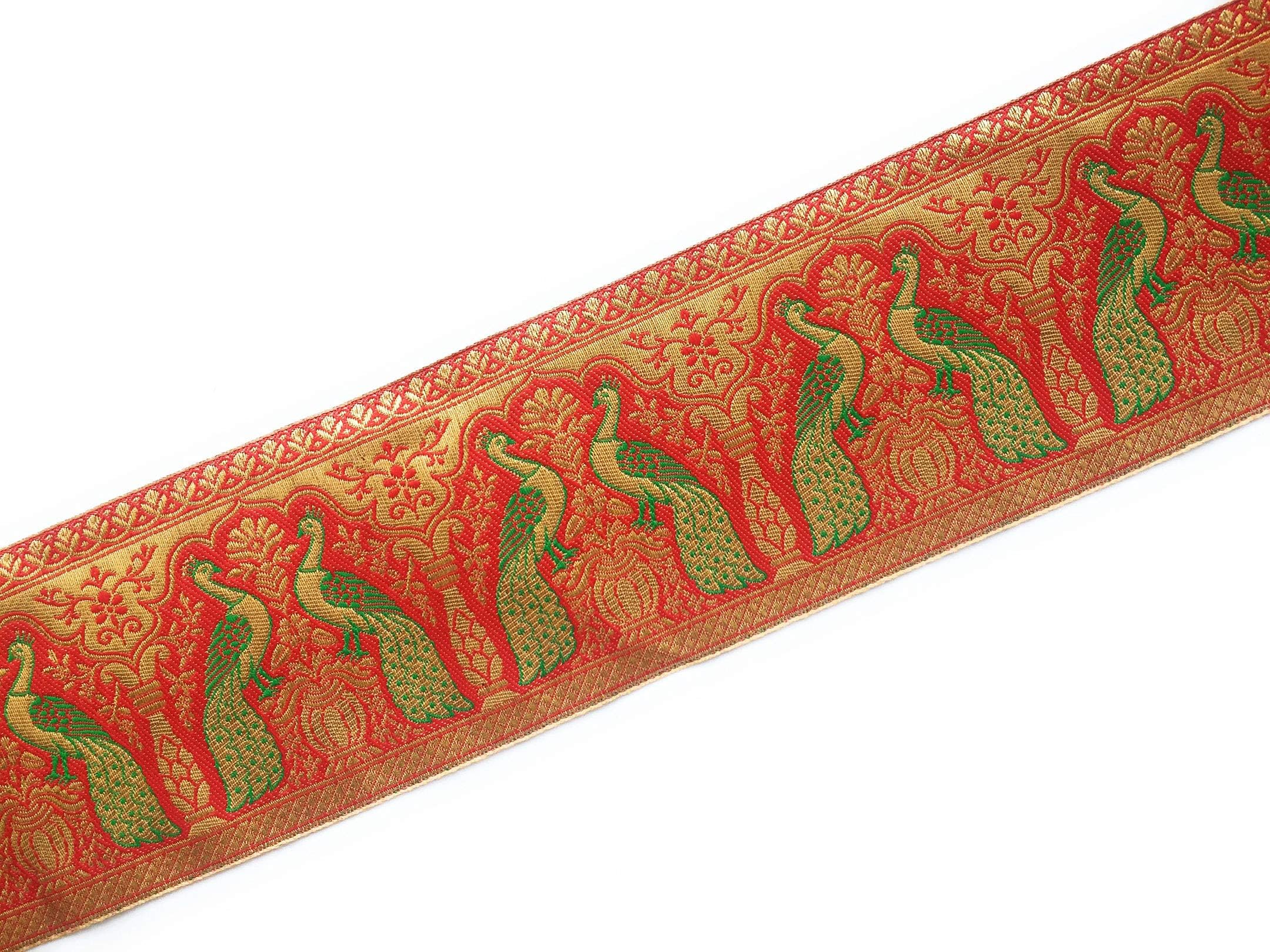Indian Ribbon - Jacquard Trim in Gold and Red Peacock Pattern - Brocade Sari Border - 5 Yards by Craftbot