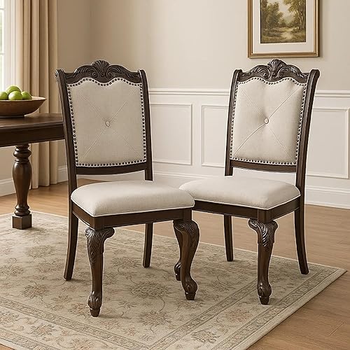 Juego de 2 sillas de comedor para habitación, mesa de cocina y sillas de asiento, marco de madera enrollada con tapicería de lino, diseño