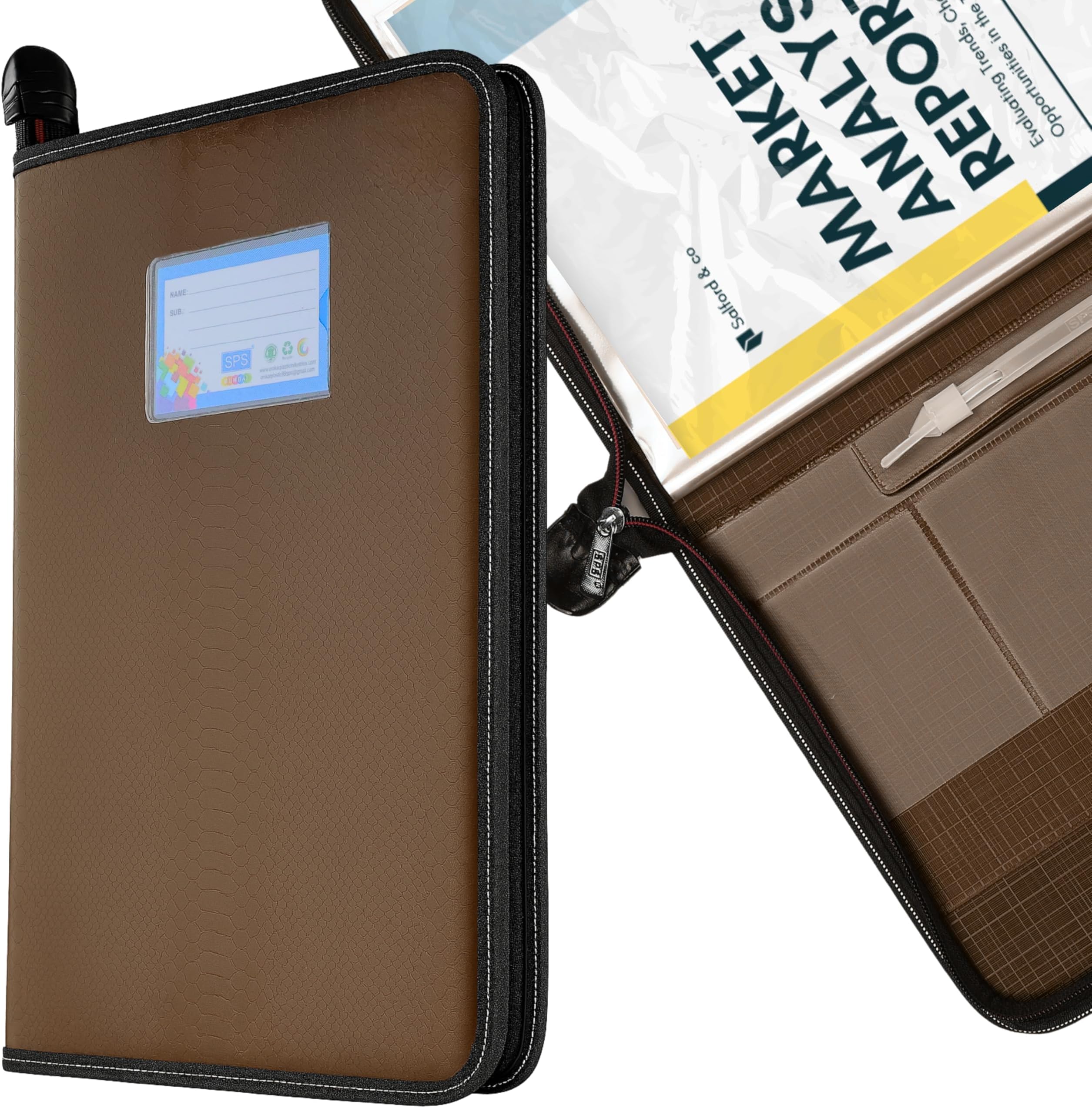 SPS Premium PU Leather File Folder | 20 Sleeves for A4 & FC Size Documents | Brown