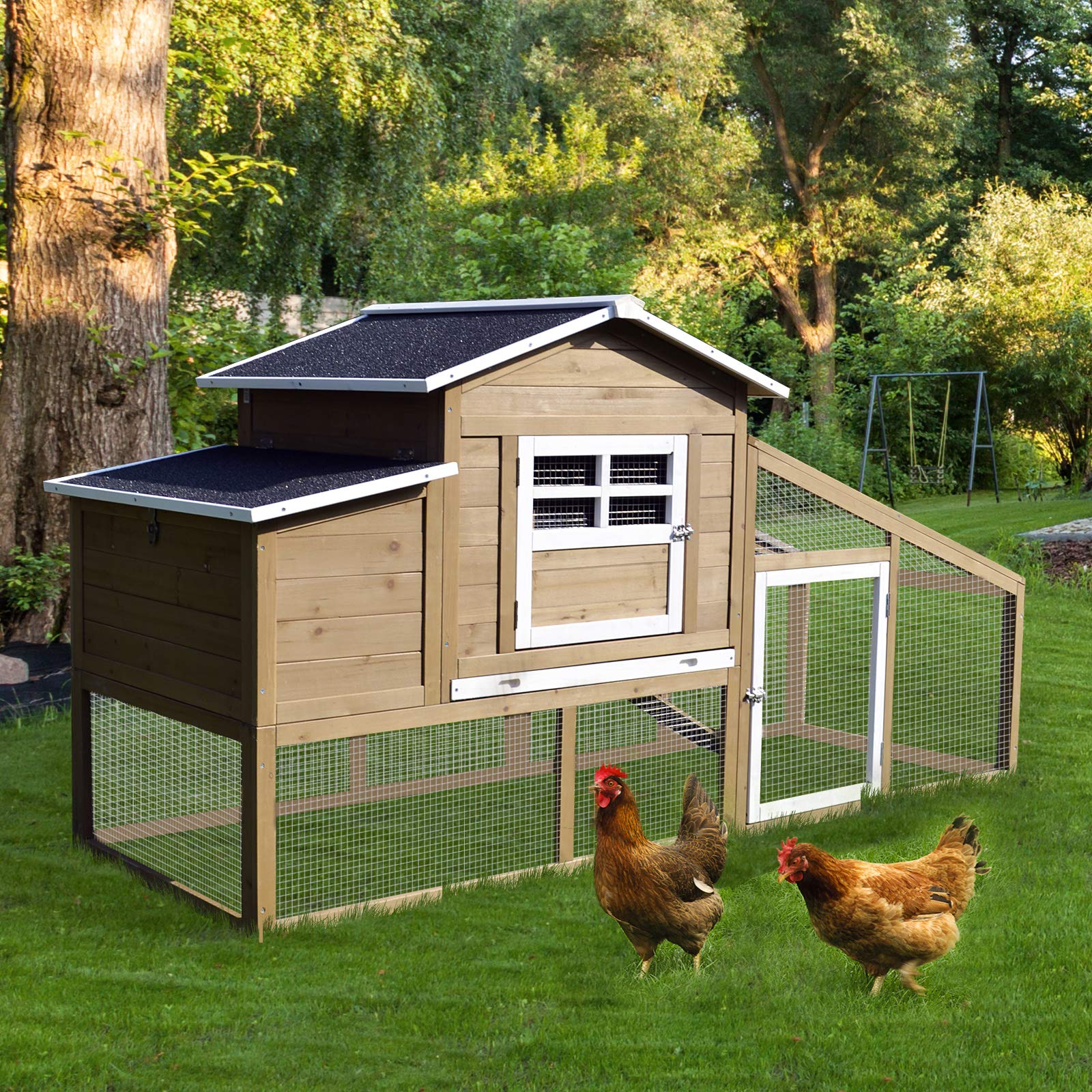 PawHut Pollaio da Giardino per Galline con Corsa e Zona di Nidificazione Vassoio Estraibile, 200x80x105cm | Pollaio per Galline da Esterno, Zona di Nidificazione, Vassoio Estraibile, da Giardino