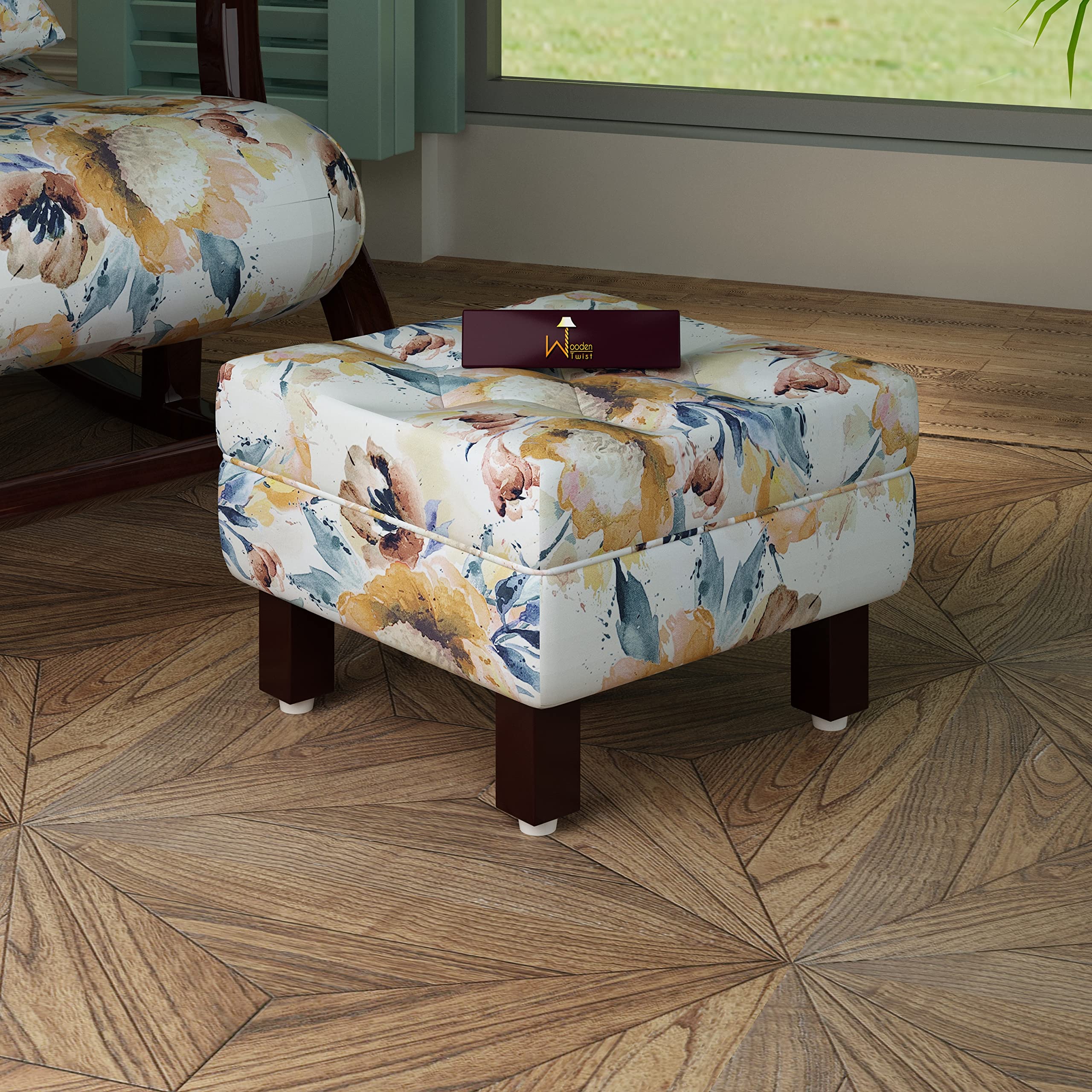 Wooden Twist Reposa Floral Print Wooden Cushioned Footrest Stool (Design-1)-image-23