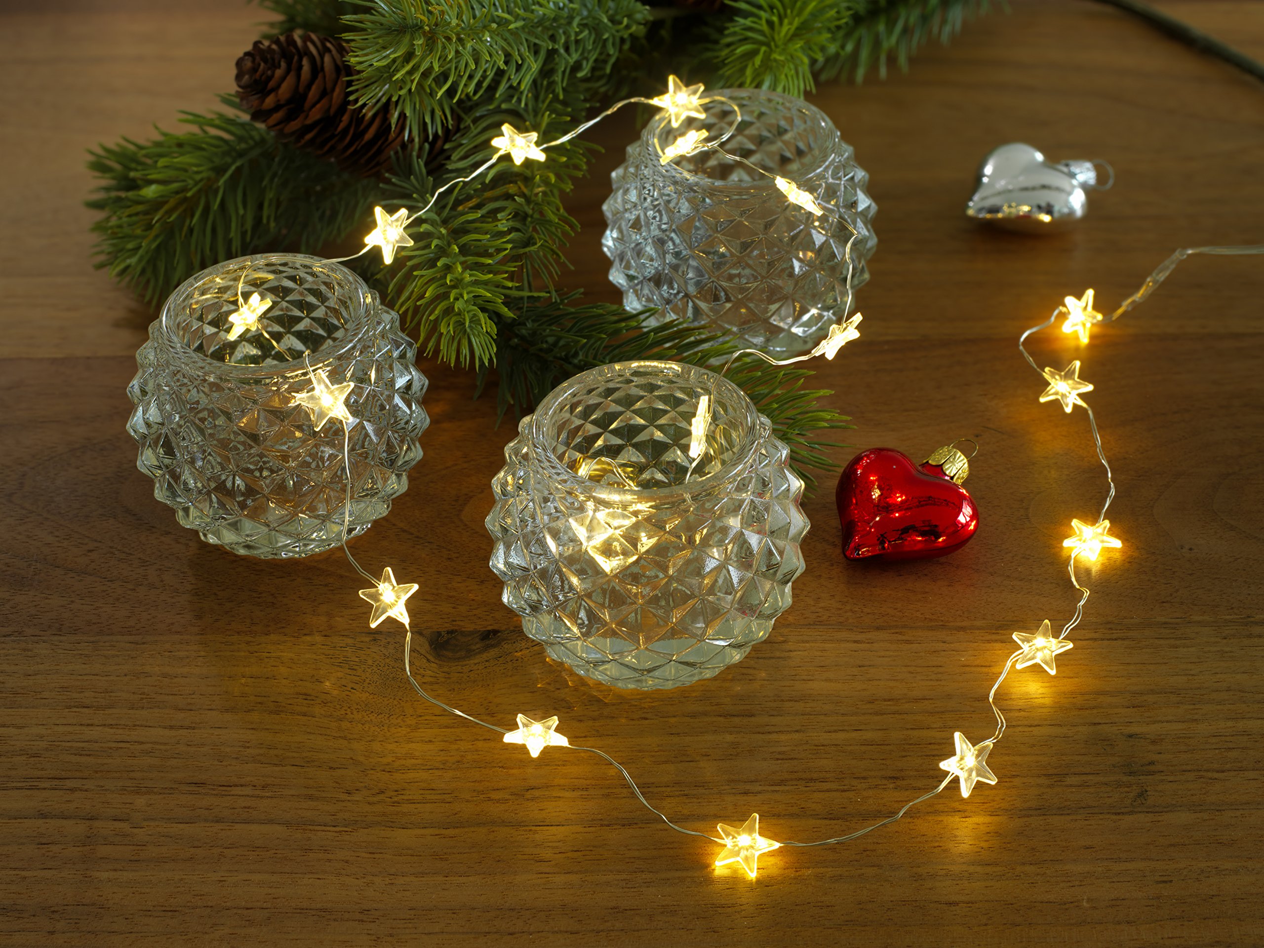 Konstsmide, 3139-103, LED Dekolichterkette, 40 transparente Sterne, mit an/aus Schalter, mit Funkeleffekt, 40 warm weiße Dioden, batteriebetrieben, Innen, silberfarbener Draht, Gold, 40 LEDs