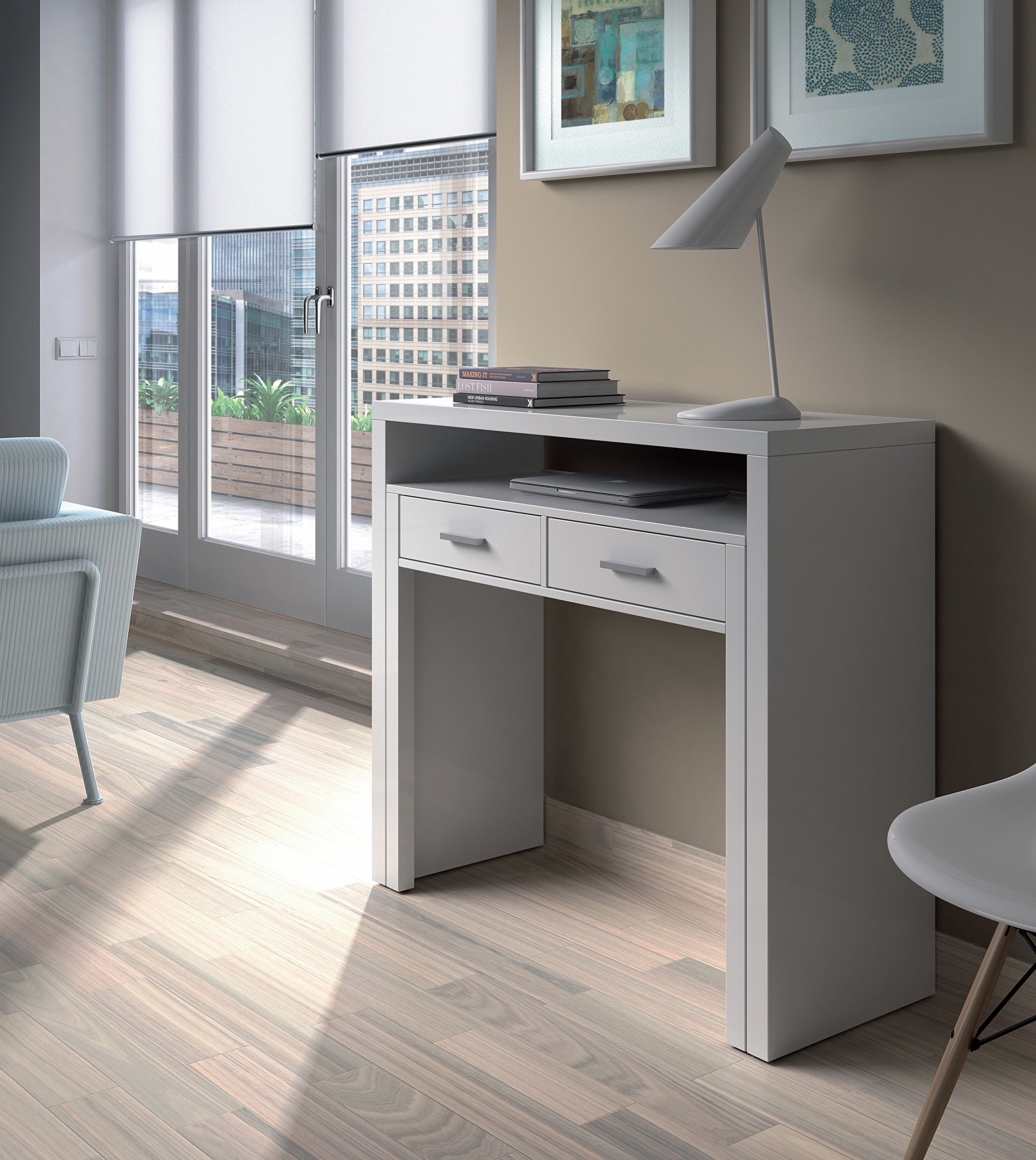 EGLEMTEK Tavolo Scrivania Consolle Allungabile Salvaspazio Estensibile 2 Cassetti 2 Ripiani 98,5 x 87,5 x 36 cm Colore Bianco
