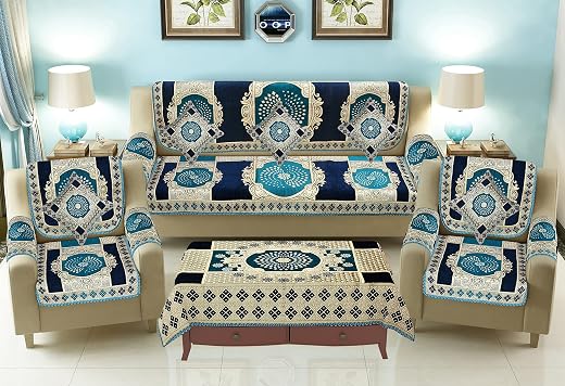 SAWNA Homes Sofa Cover with Cushion Cover and Table Cover - 3 Seater and 2 Seater Chenille Jackquard Sofa Covers with Arm ...