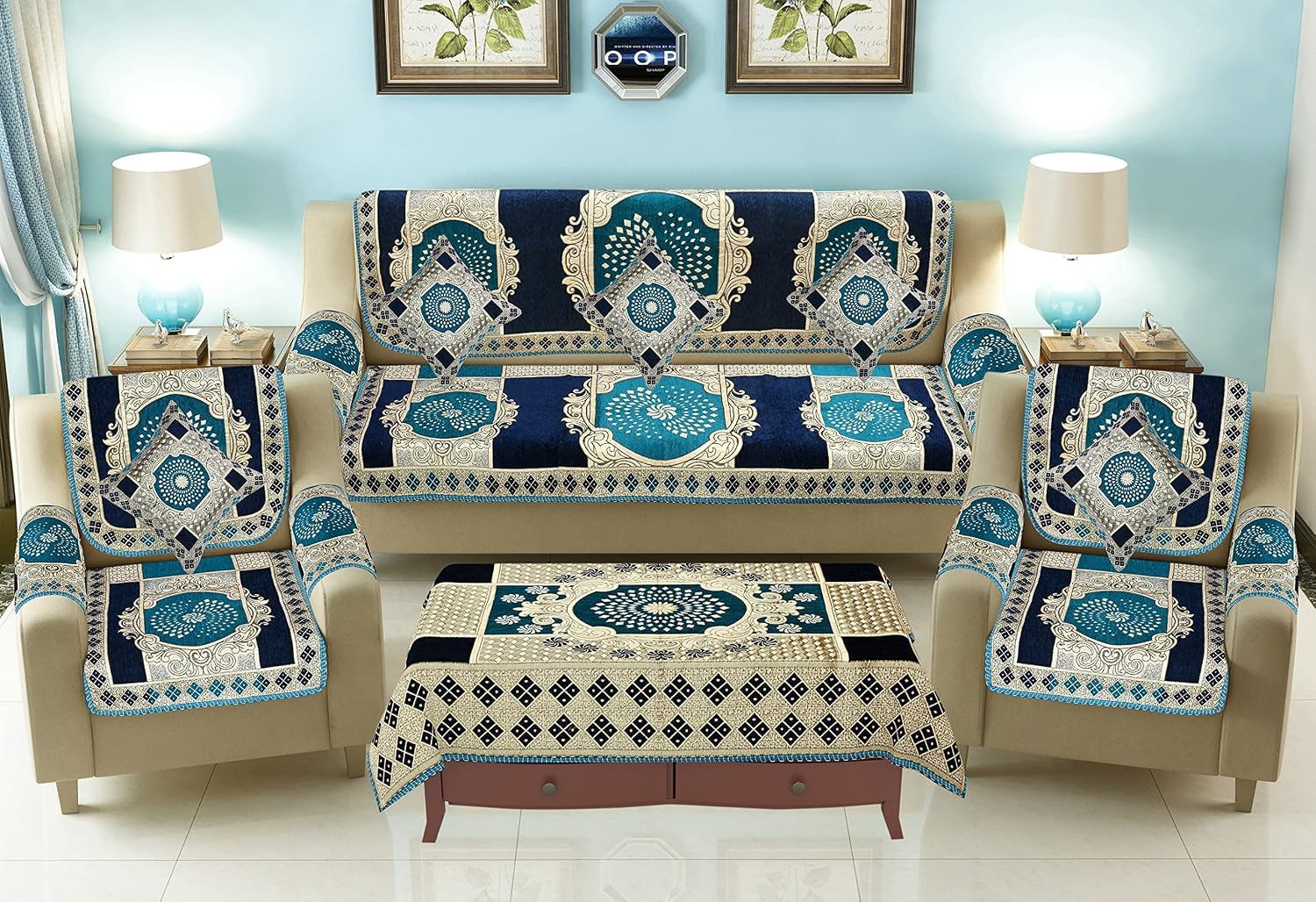 SAWNA Homes Sofa Cover with Cushion Cover and Table Cover - 3 Seater and 2 Seater Chenille Jackquard Sofa Covers with Arm ...