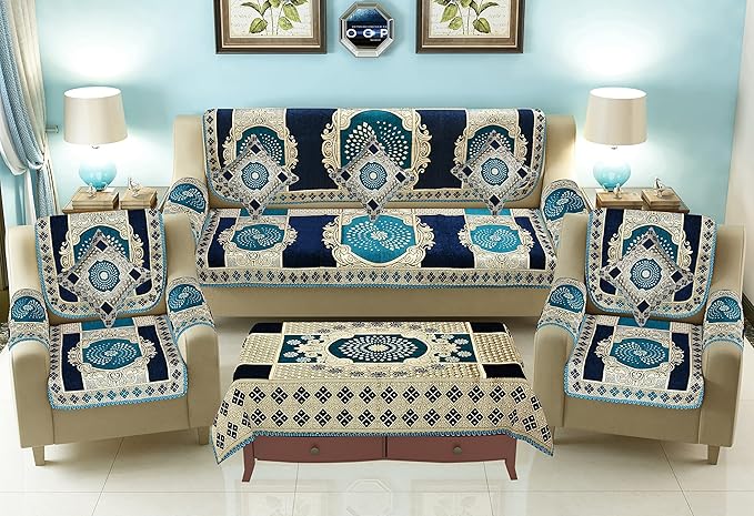 Jayvaam Sofa Cover with Cushion Cover and Table Cover - 3 Seater and 2 Seater Chenille Jackquard Sofa Covers with Arm Set 16 Pcs - 3+1+1 Panels for Home Living Room Sofa Couch Decor (Navy Sky)