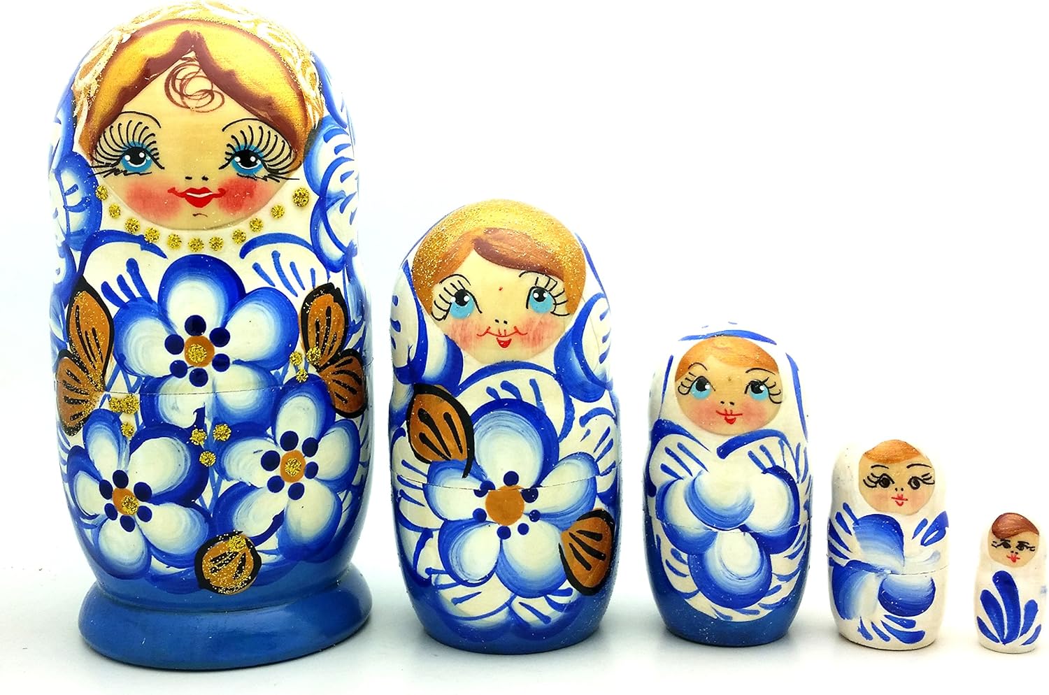 Blue Nesting Dolls Matryoshka Gzhel Style Hand Painted Stacking Doll 5 inch Tall Set