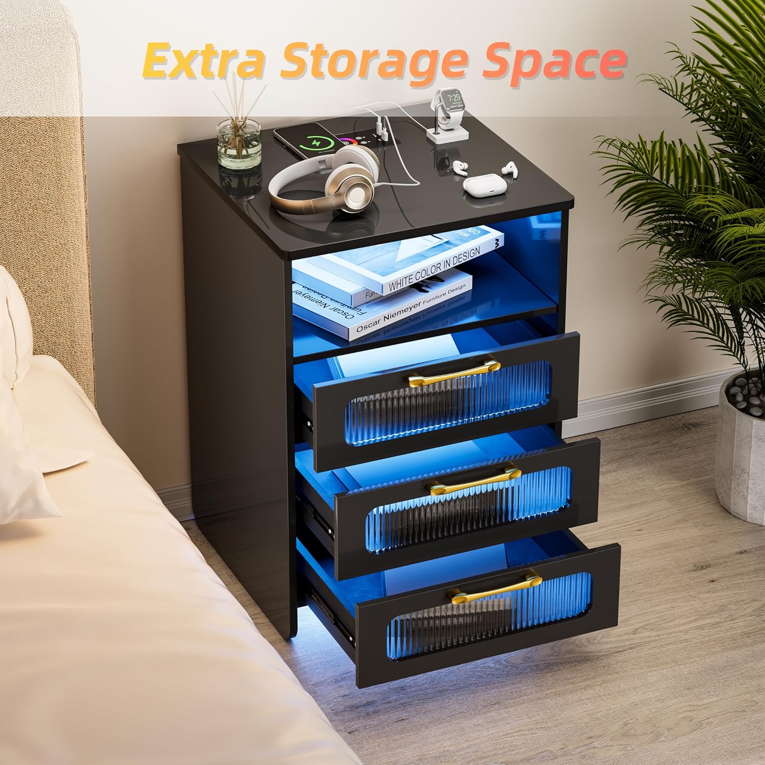 KAMABOKO nightstand with remote control, demonstrating 24 color change options.