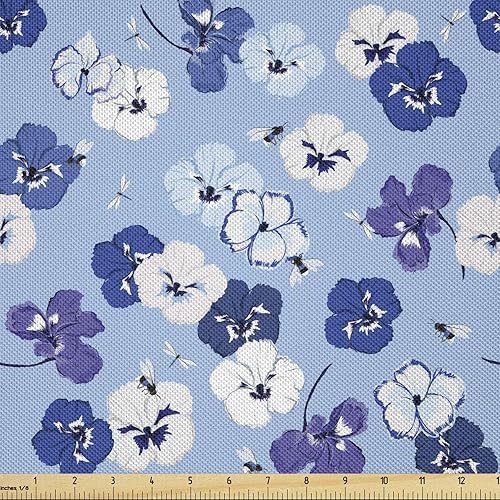 Ambesonne Nature Fabric by The Yard, Floral Theme Bluish Pansy Flowers Bumblebees and Dragonflies Images Spring Art, Decorative Satin Fabric for