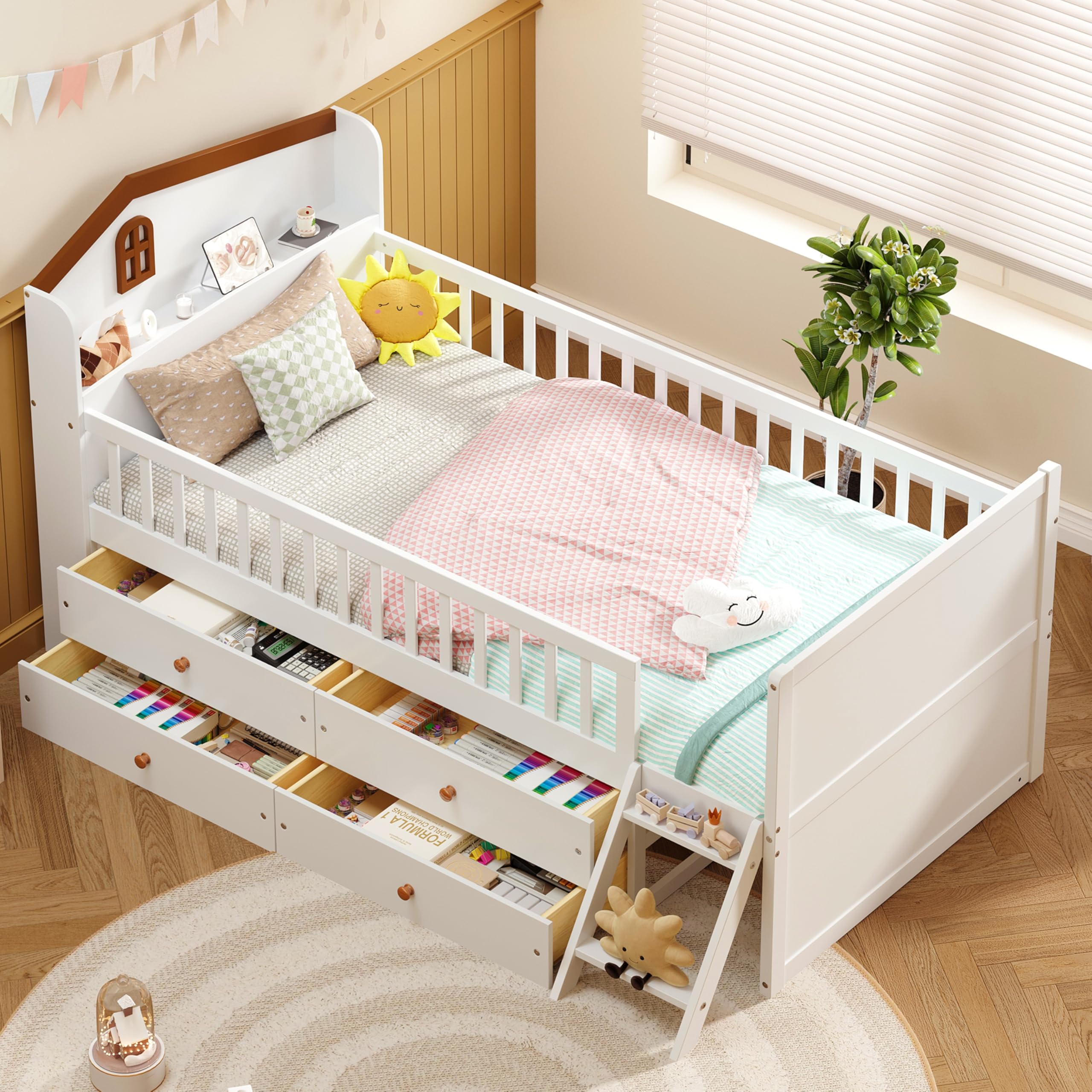 Brabrety Modern Twin Size Wooden Platform Bed with 4 Drawers,Guardrail Headboard and Ladder,for Kids Girls & Boys Bedroom Use (White#y, Twin)