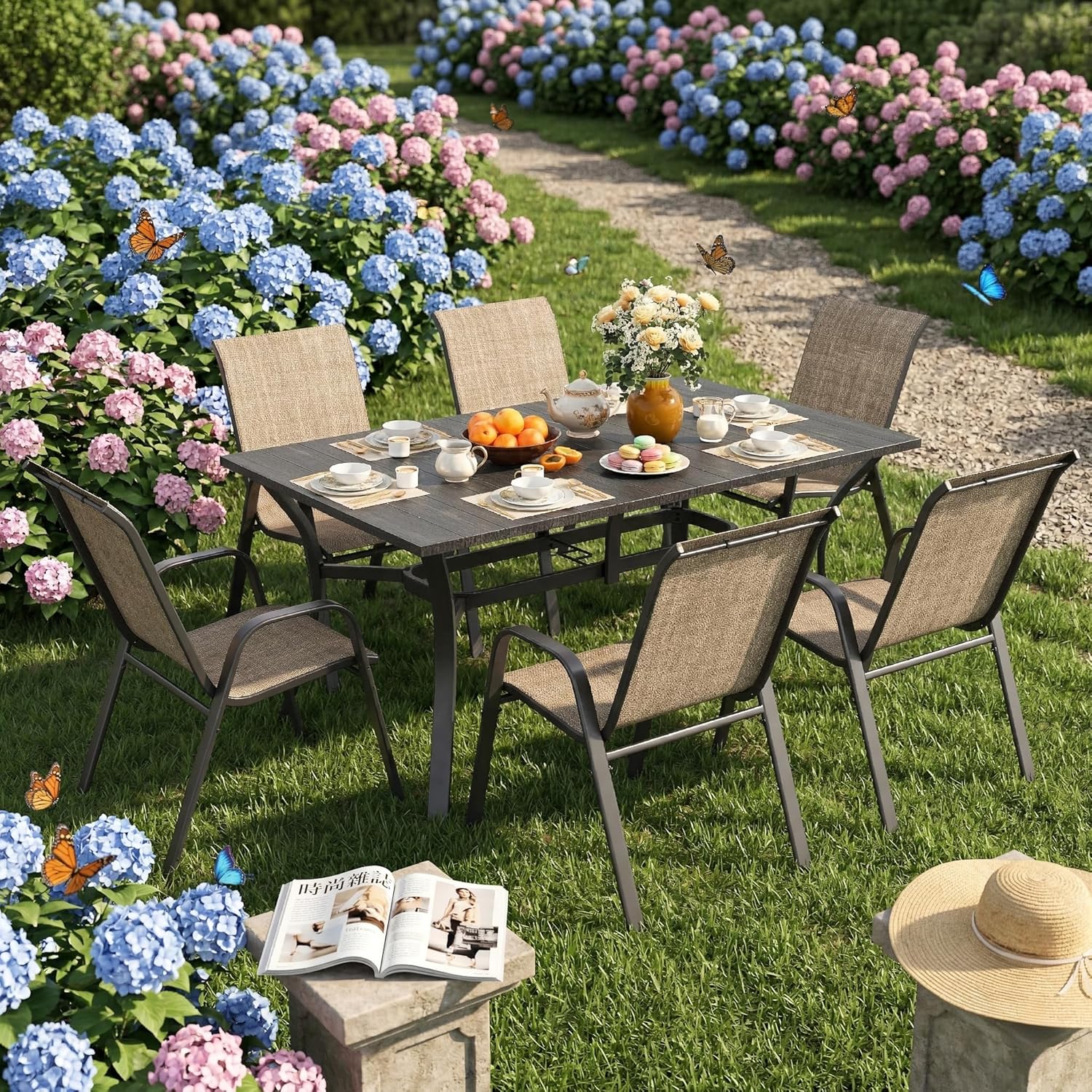 7-Piece Patio Dining Set with Rectangular Wood-Grain Metal Table and 6 Ergonomic Chairs, Waterproof Textilene Fabric, Rustproof Frame, Umbrella Hole