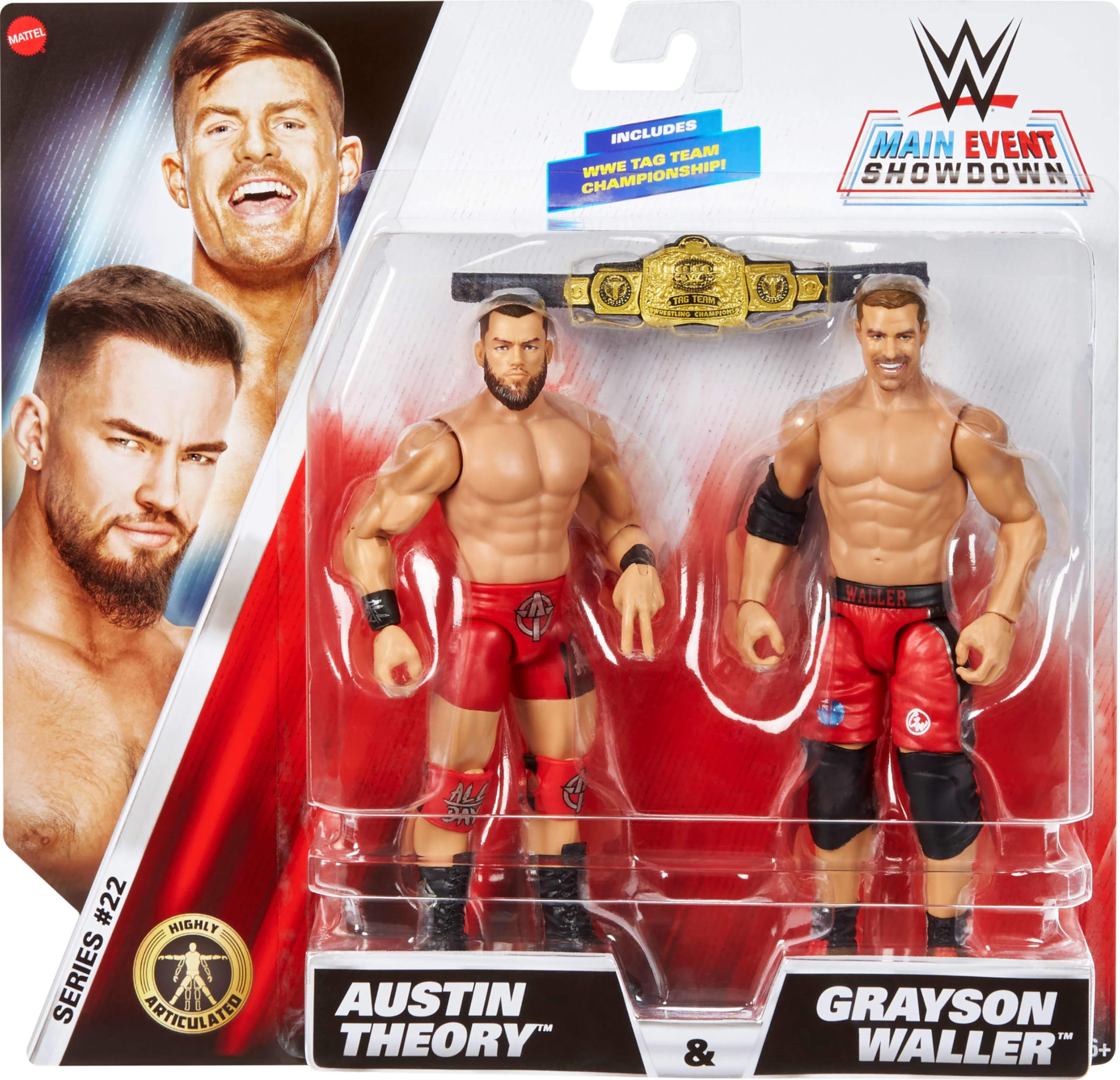 Mattel WWE Main Event Showdown Lot de 2 figurines avec accessoire, série #22 Austin Theory et Grayson Waller à collectionner, 15,2 cm