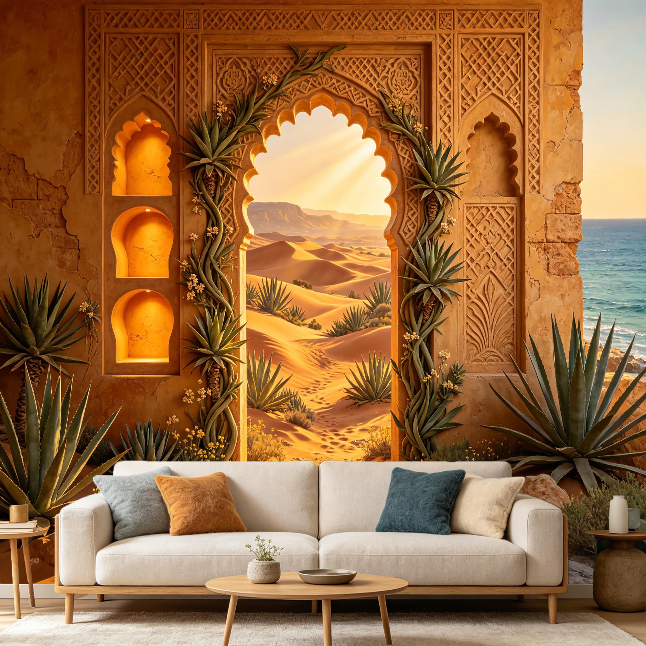 Custom Size Wall Mural， Moroccan Arch Desert Landscape 3D Illusion， SelfAdhesive Art Prints wall Fabric Removable Large Wallpaper Home Living Room Decor Sunset Vista