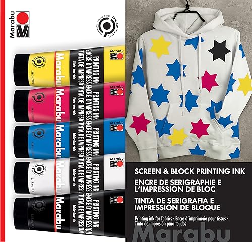 Miniatura 2 de Marabu Juego de tintas para serigrafía de tela, 5 colores a base de agua: amarillo, magenta, cian, luz de titanio pulida, negro carbón - tubos de