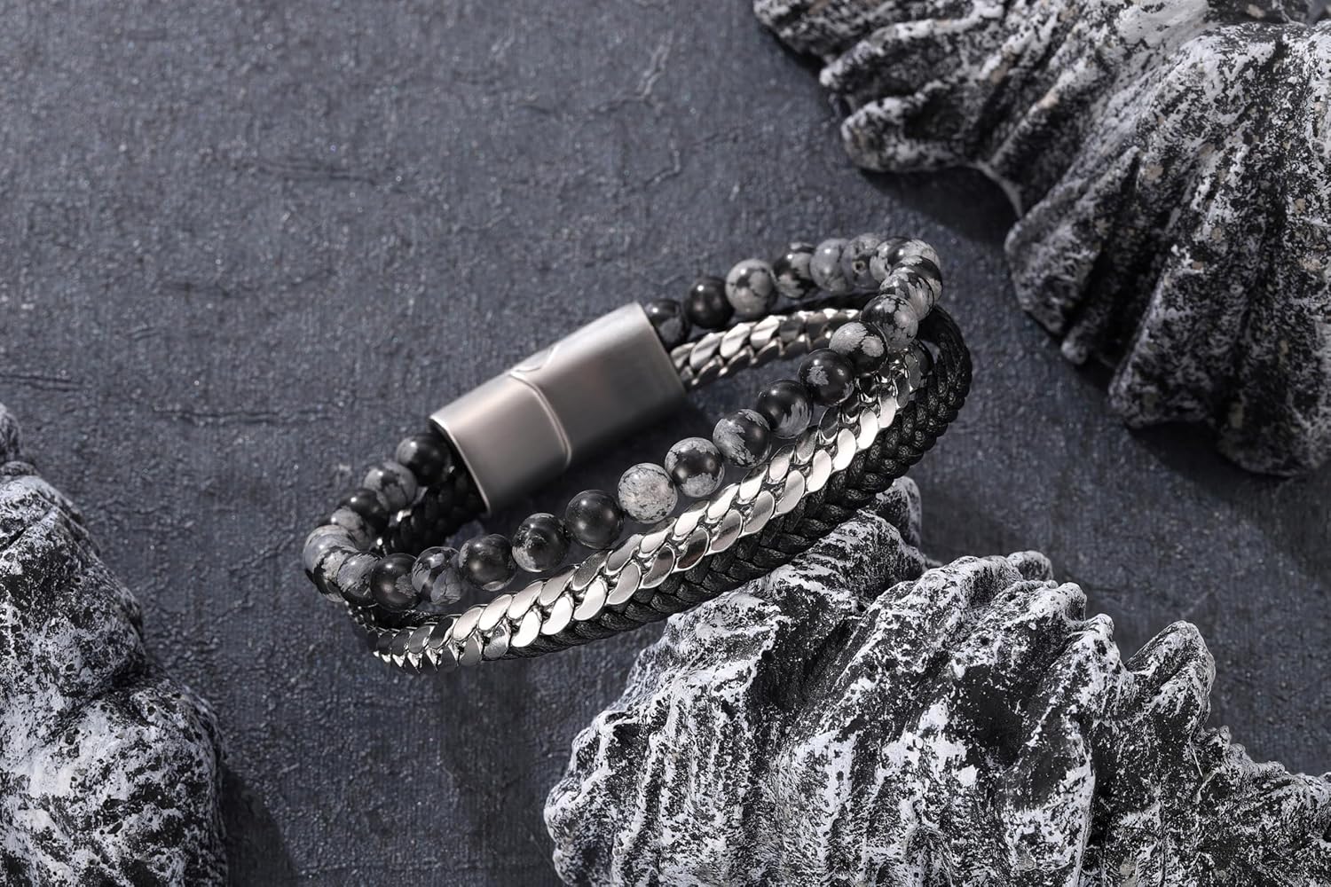 Zysta Mens Bracelet Beaded Leather Bracelets for Men 6mm Obsidian Tiger Eye Stone Cuban Chain Genuine Leather Layered Bracelets Braided Leather Wristband Stainless Steel Clasp Mens Jewelry - Image 4
