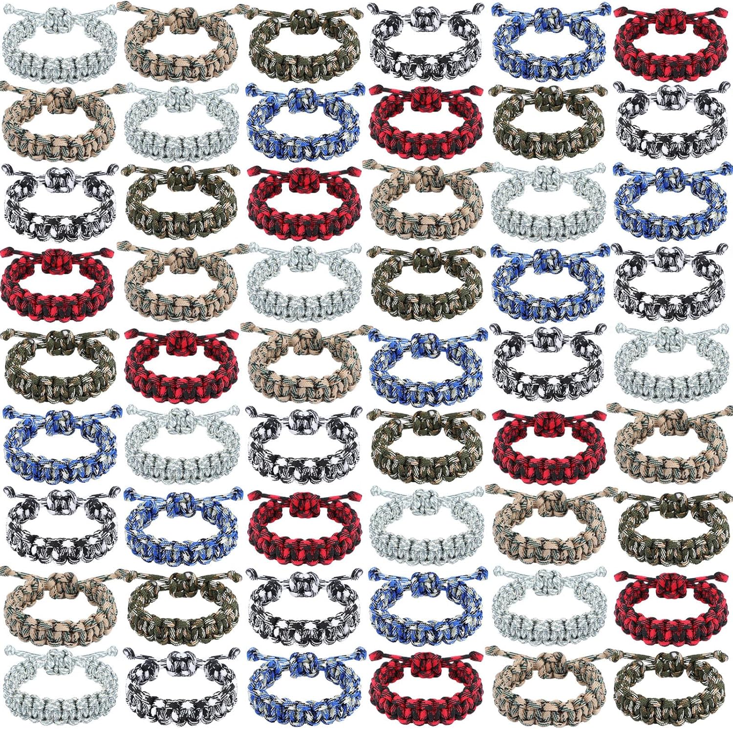 Inbagi 50 Pieces Adjustable Paracord Bracelets Bulk Camo Parachute Survival Bracelets Braided Wristband for Women Men Camping Climbing Theme Party Favor, 6 Colors