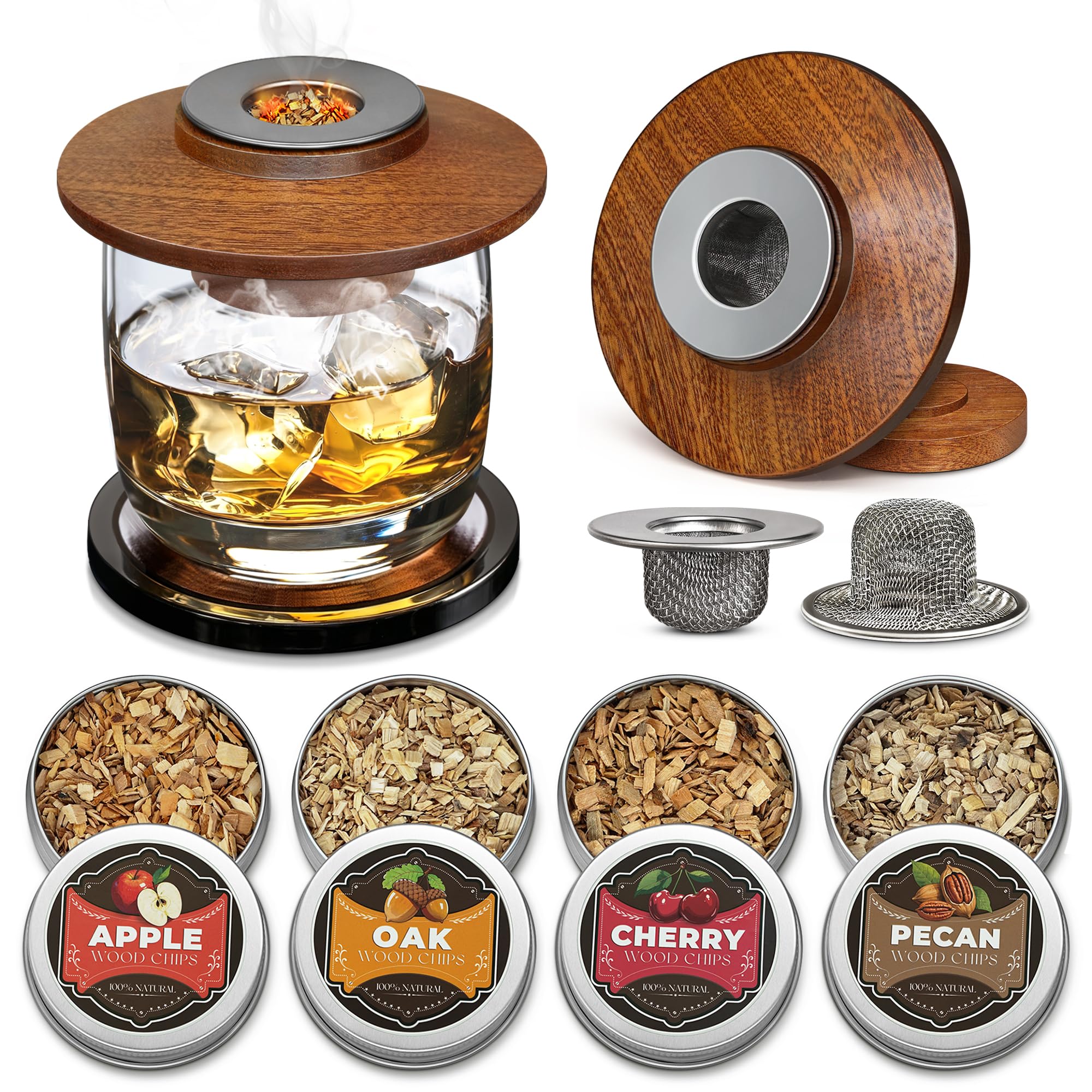 Whisky Räucher Set mit 2 Edelstahlfiltern & 4 Geschmack Holzspäne, hochwertiges Sapele Räucher-Set für Cocktails, Partys, Geschenk für Männer