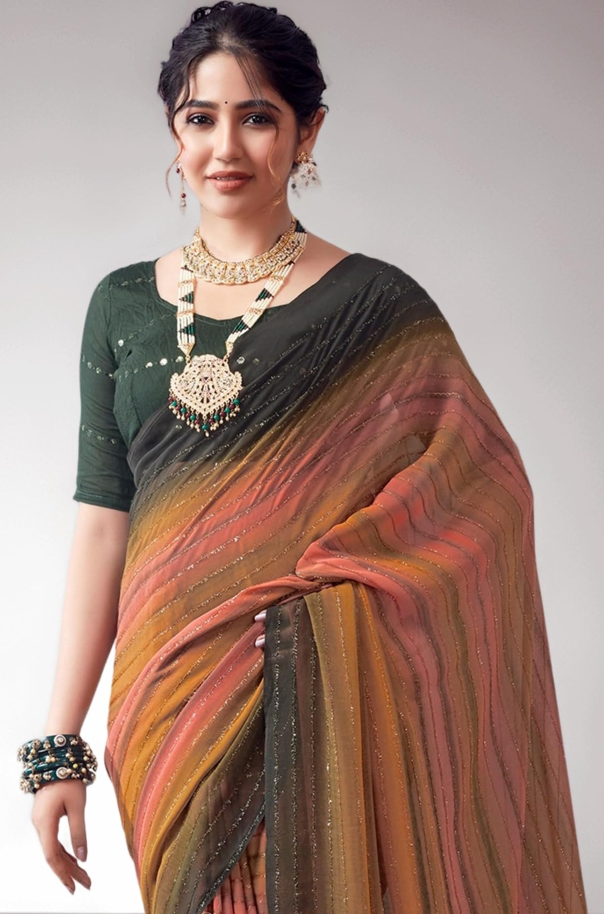 SIRIL Women's Georgette Printed Zari Stripe Saree With Unstitched Blouse Piece