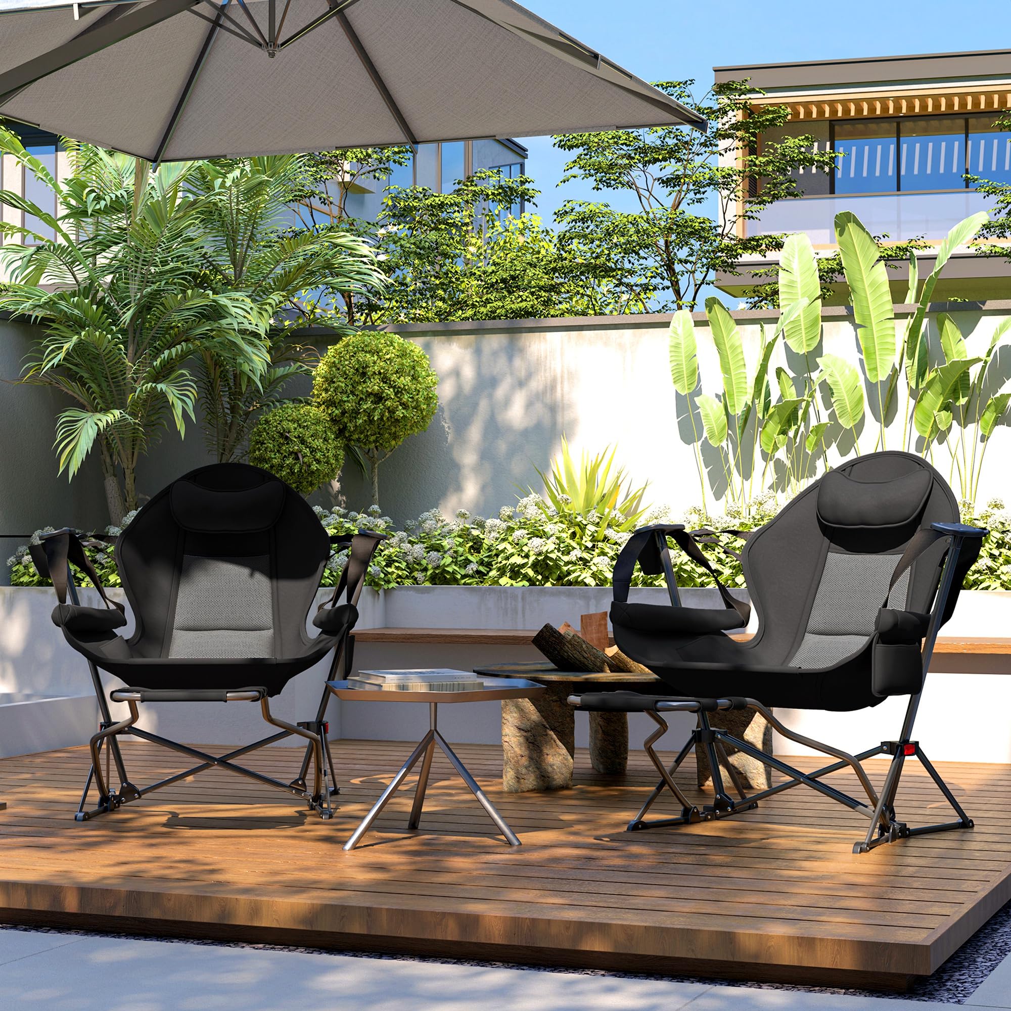 Outsunny Mecedora Jardín Exterior con Reposapiés Pack 2 120 kg Negro | Silla Plegable de Camping, Reposacabezas, Portavasos, Bolsillos, Bolsa de Transporte, para Playa Camping Pesca