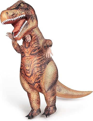 Miniatura 7 de Spooktacular Creations Disfraz inflable de Halloween para adultos, T-rex realista, disfraz de dinosaurio marrón de cuerpo completo, divertido traje