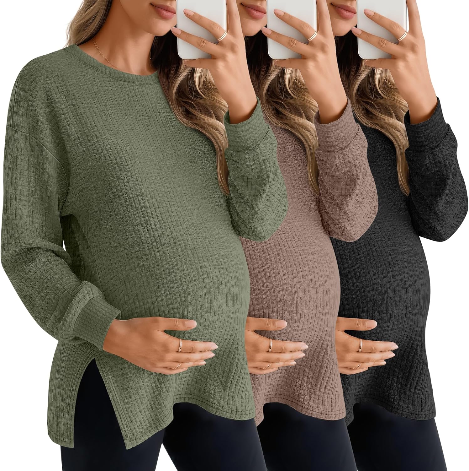 3 Pack Women's Maternity Shirts Long Sleeve Waffle Knit Side Split Oversized Tops Pregnancy Clothes Fall Tees