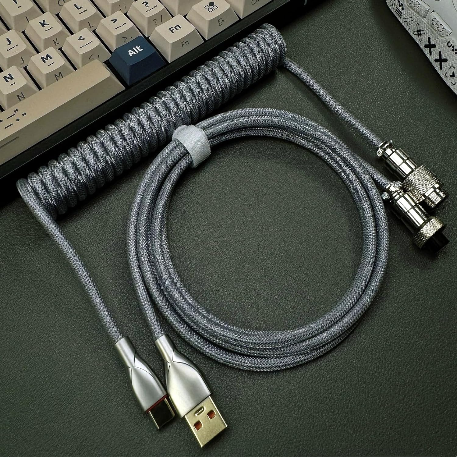 Mechanical Keyboard Aviation Plug Data Cable, Supporting 8KHz Magnetic Axis Keyboard Return Rate, USB-A to Type C Spiral Wear-Resistant Braided Cable, 1.8 Meters (Fluorescent Green)