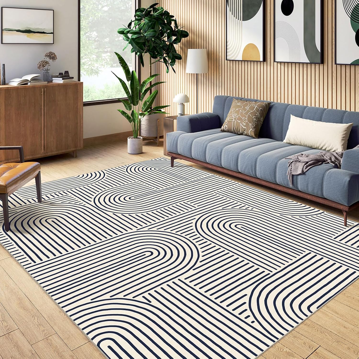 Washable Area Rug 8x10 - Large Indigo Boho Rugs for Living Room Soft Abstract Bedroom Rug Ultra-Thin Modern Rainbow Carpet Stain Resistant Rug for Dining Room Nursery Room Home Decor 8' x 10' (Rectangular) Indigo