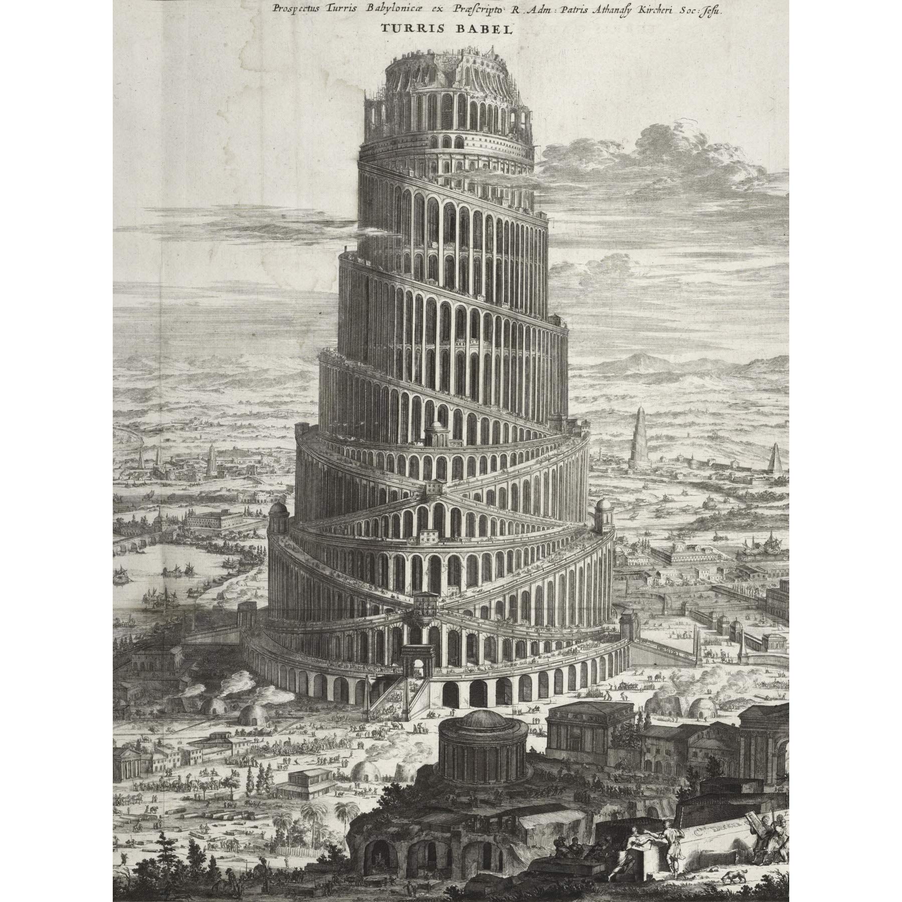 Kircher Tower Babel Biblical Myth Engraving Premium Wall Art Canvas Print 18X24 Inch