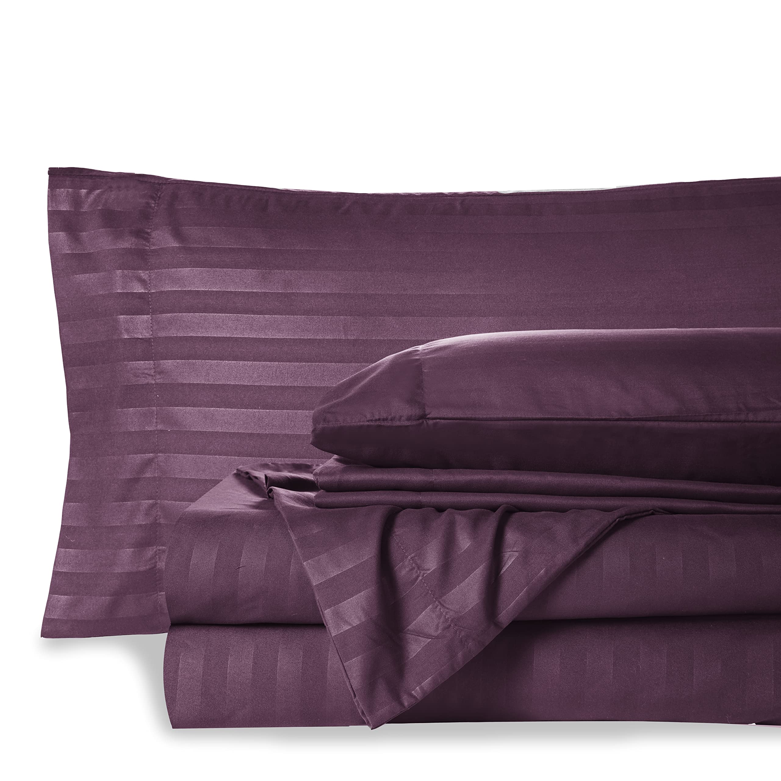 Mocassi Queen Stripe Sheet Set - Luxury Hotel 1800 Premier Bedding Sheets & Pillowcases - Ultra Soft Breathable & Cooling Bed Sheets - Wrinkle Resistant - 6 Piece Set - Queen, Purple