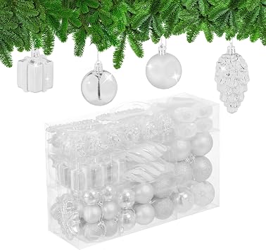 Relaxdays Christmas Baubles, Set of 72 Christmas Baubles, Matt, Gloss, Glittered, Pine Cones, Hearts, Gifts, Plastic, White