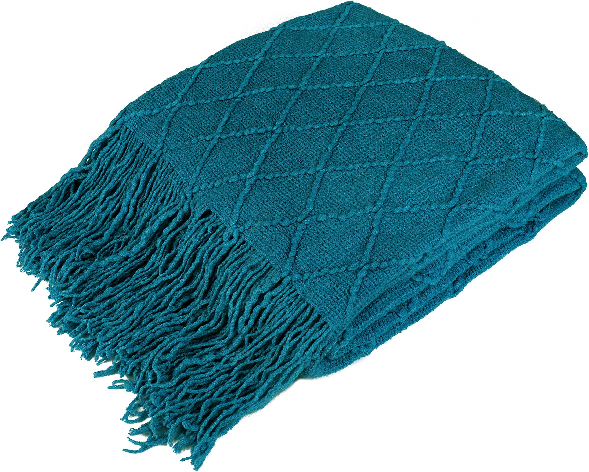 PAVILIA Teal Blue Knit Throw Blanket Couch, Soft Knitted Boho Blanket, Farmhouse Home Decor Woven Throw, Cozy Decorative Afghan Bed Sofa, Outdoor Summer Fall Gift, Lightweight, Turquoise Blue, 50x60