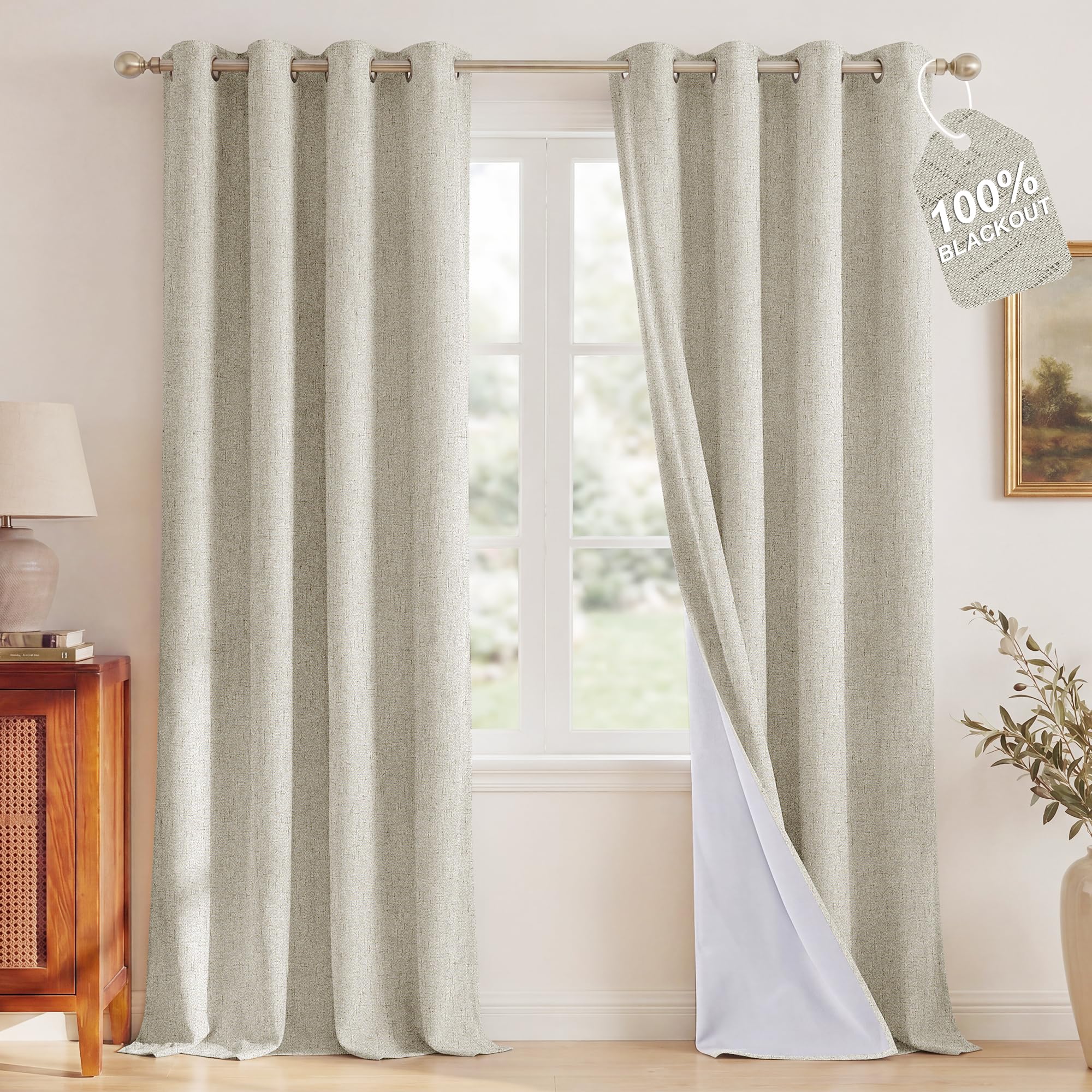 NICETOWN 100% Blackout Linen Ivory Curtains with White Liner Composite, Grommet Thermal Drapes Home Decor Farmhouse Window Treatments for Living Room/Bedroom, 2 Panels, W52 x L90
