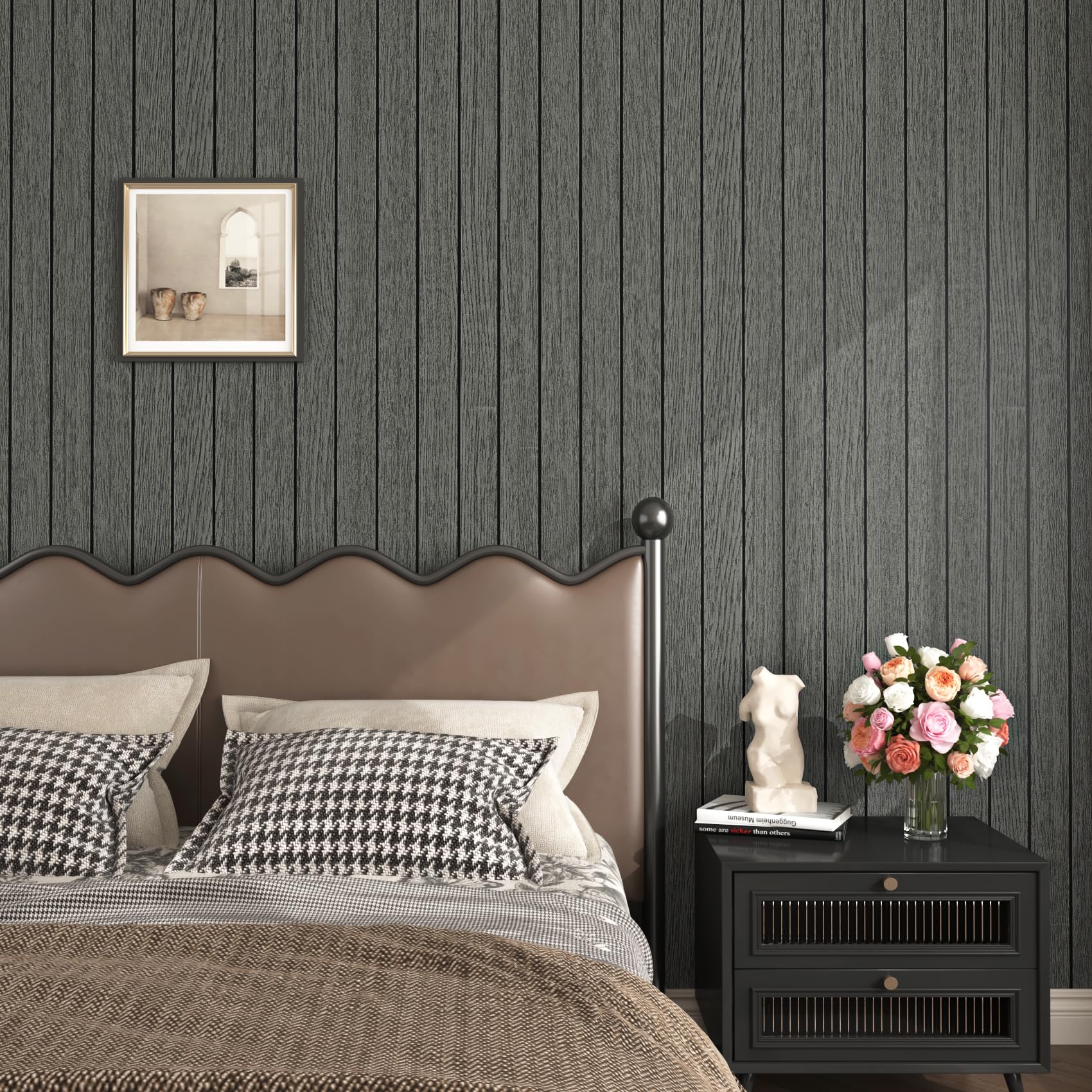 Livelynine Pannelli Decorativi per Pareti Legno Grigio Antracite 60CMx3M Pannello Decorativo Parete Legno Nero Pannelli Murali Adesivi in Rotolo Rivestimento Parete Adesivo 3D Camera da Letto Ufficio