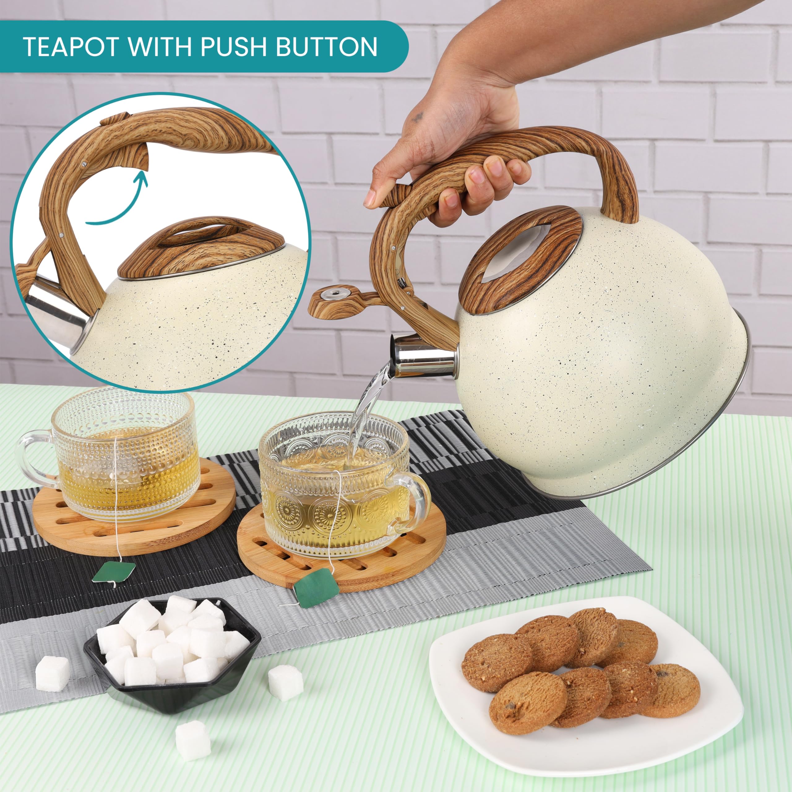 Belle Vous Bollitore Acqua con Fischio - Teiera con Fischietto 3 L - per Fornello a Induzione Gas e Piastra Elettrica - Bollitore Acciaio Inox per Tè e Caffè - Texture Beige