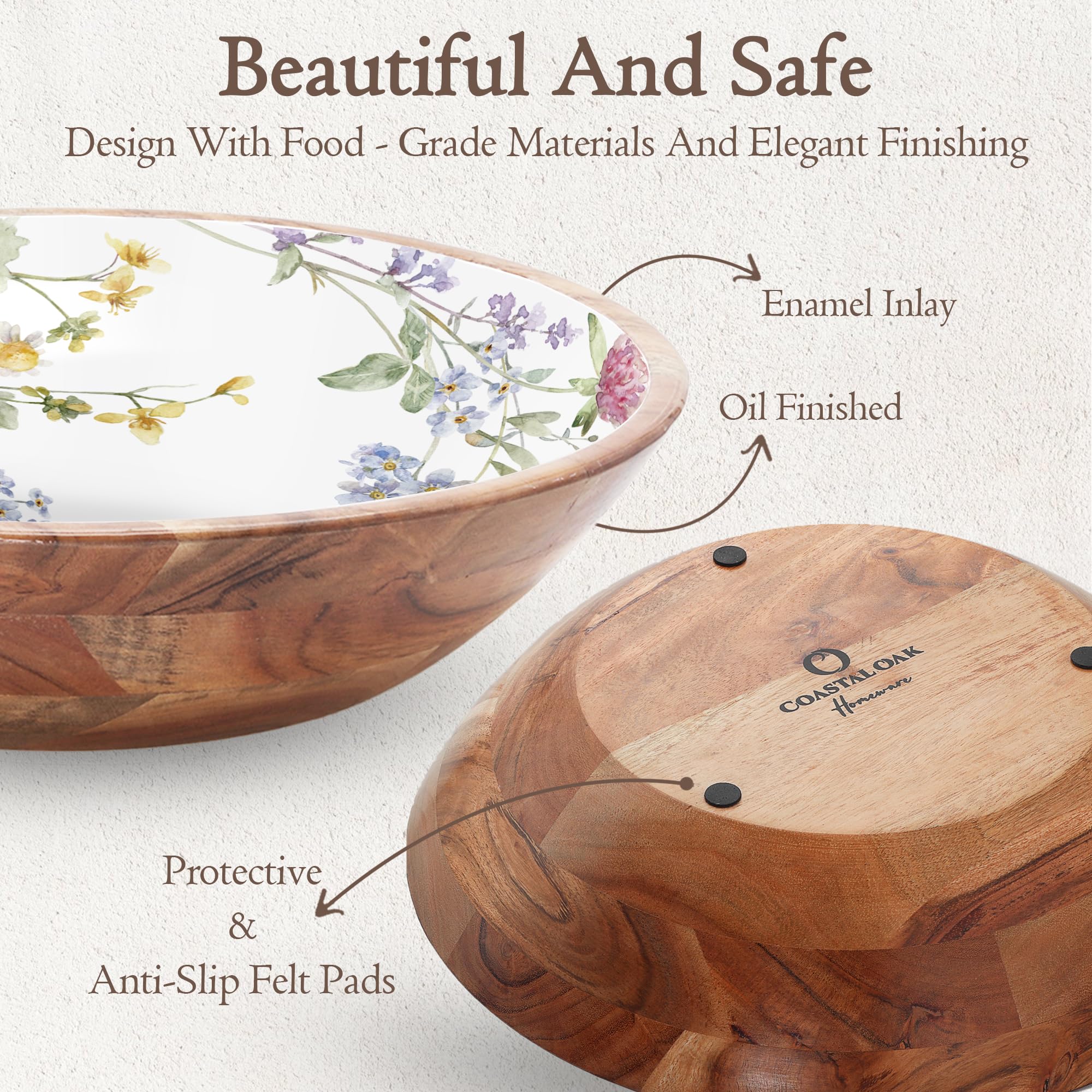 Juego de cuencos grandes de madera – Ensaladera de madera de acacia prémium de 13 pulgadas con servidores – Cuenco decorativo de madera con tenedor y cuchara – Frutero – Cuencos para