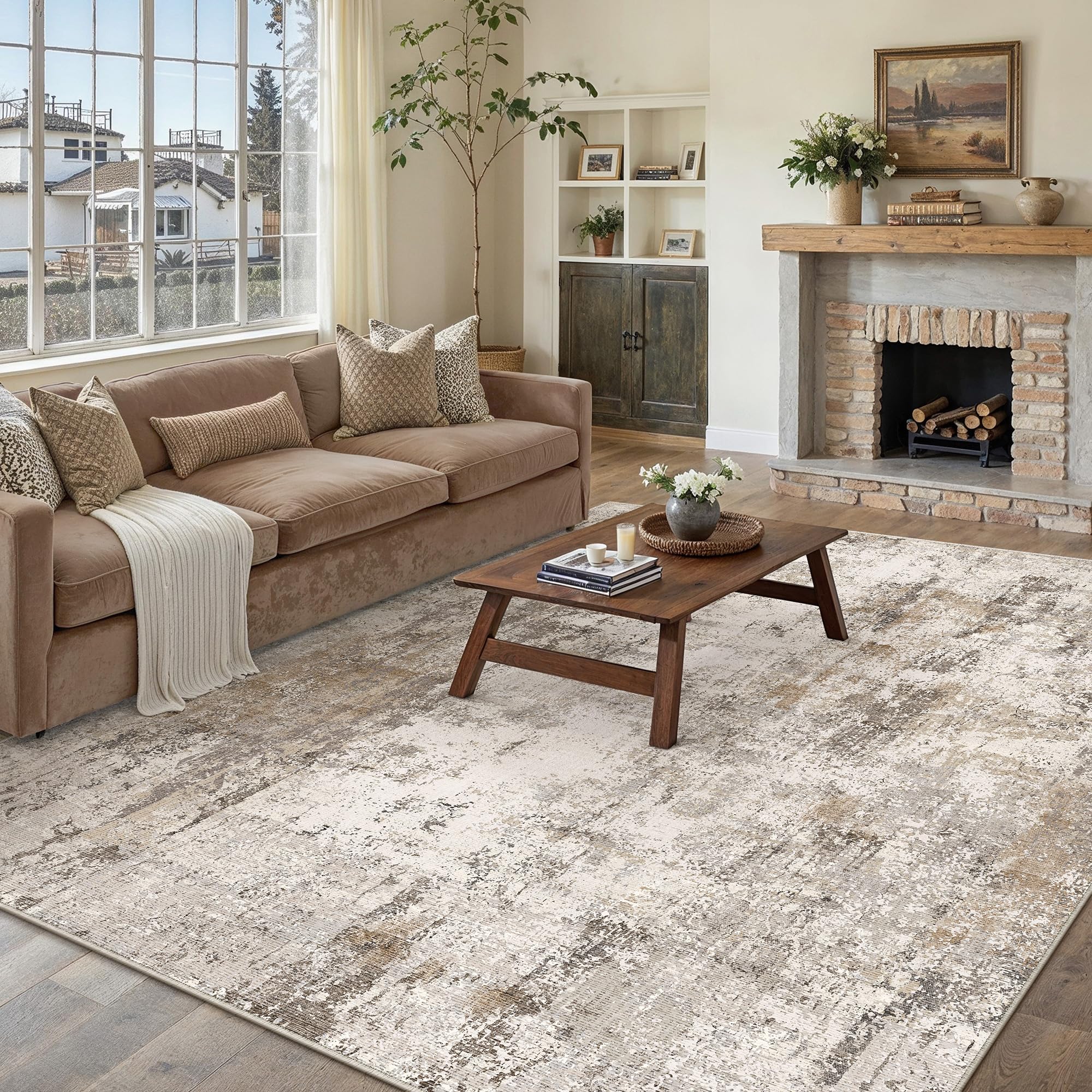 WondRg 6x9 Washable Area Rug Brown Grey Abstract Living Room Bedroom Throw Rug Neutral Modern Non Slip Soft Low Pile Indoor Carpet for Dining Room