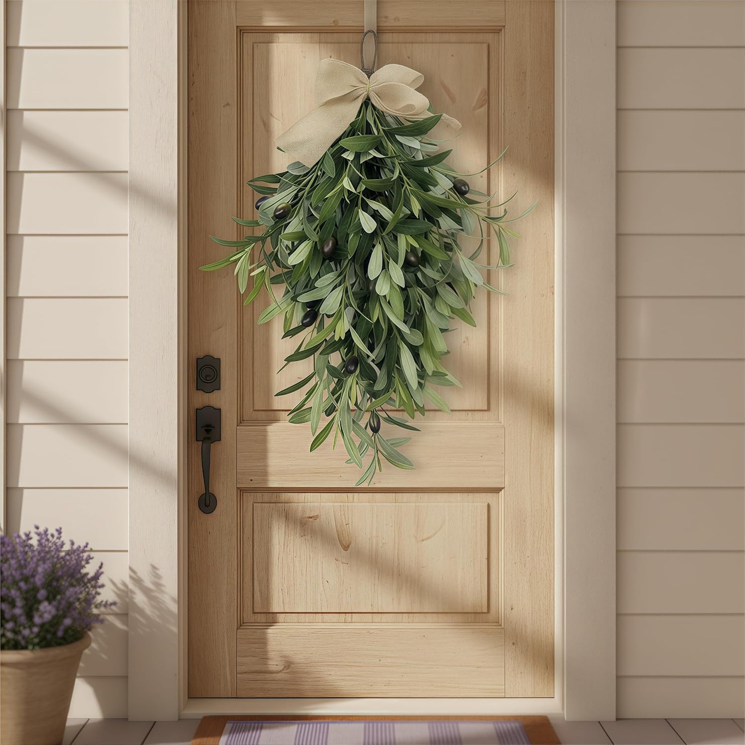 Olive Branch Teardrop Wreath 24 Inch for Front Door, Extra Full Faux Olive Leaf Swag, Farmhouse Tear Drop Hanging Wreath for Spring Outdoor Decor, Wedding Arch, Kitchen (Green 2Pcs)