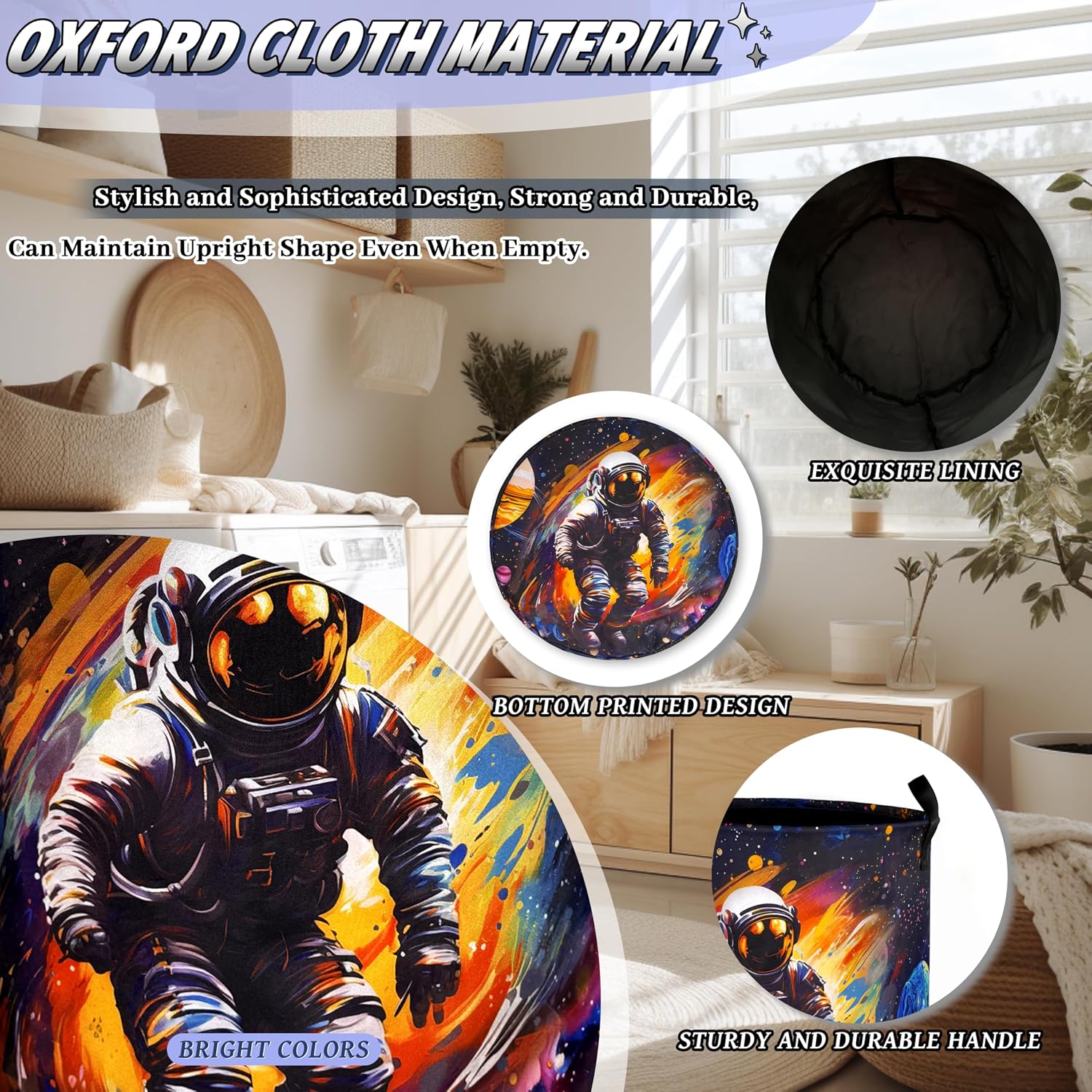 Funny Astronaut Laundry Basket Oxford Cloth Galaxy Hamper 18.9x16.5 Inch | With Handle Large-Capacity Tote Bag Foldable Laundry Hamper Clothes Storage Bucket Toy Organizer For Bathroom,Laundry,Bedroom