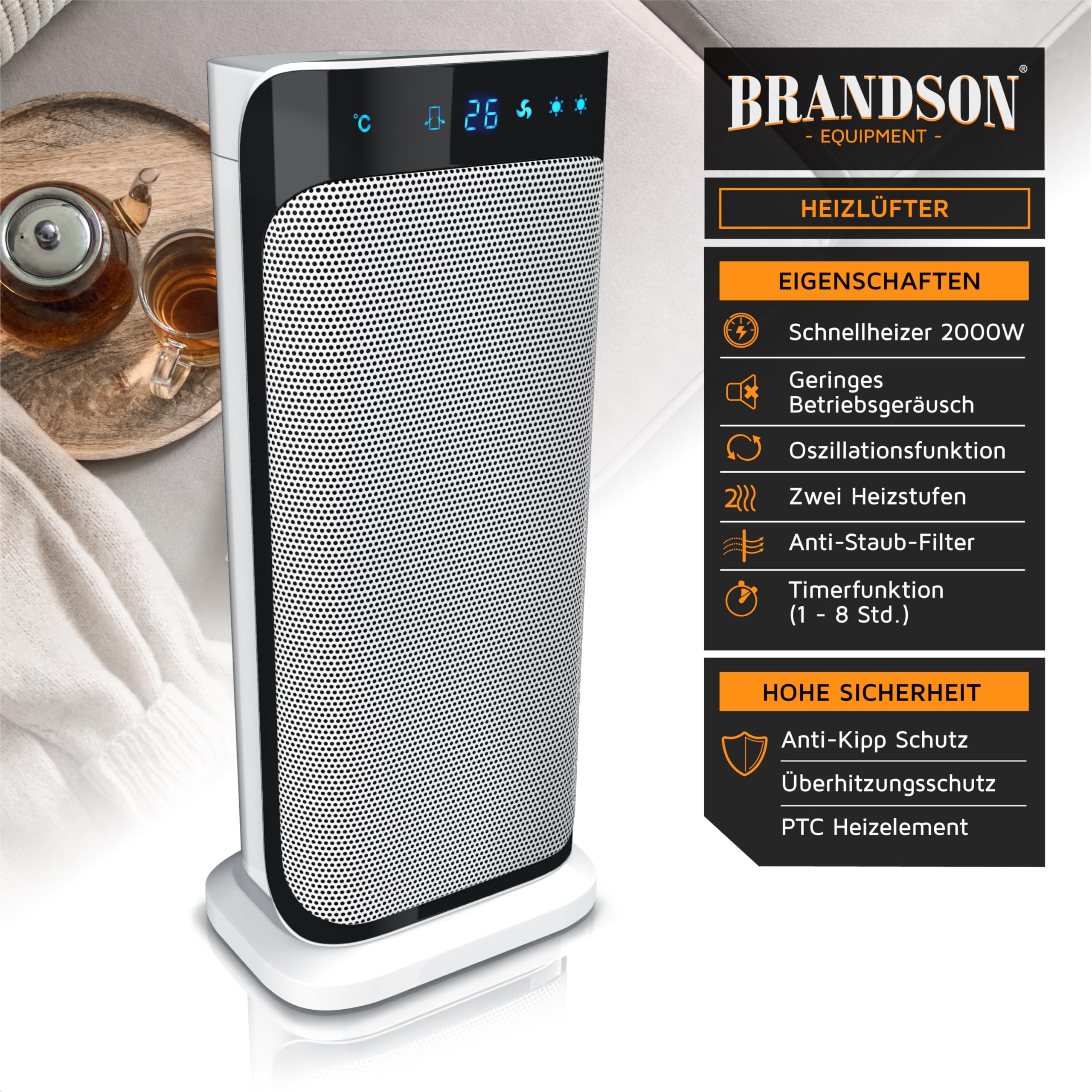 Brandson Heizlüfter 2000 Watt mit Fernbedienung Oszillationsfunktion leise