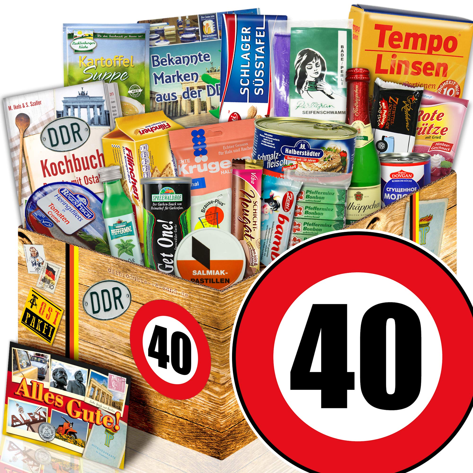 Ossi-Shop DDR Geschenkbox - 18er Set Ostprodukte mit DDR Kochbuch | Originelles Ostpaket zum 40. Geburtstag für Männer & Frauen - Präsentkorb mit Klassikern wie Rotkäppchen Sekt & Bambina